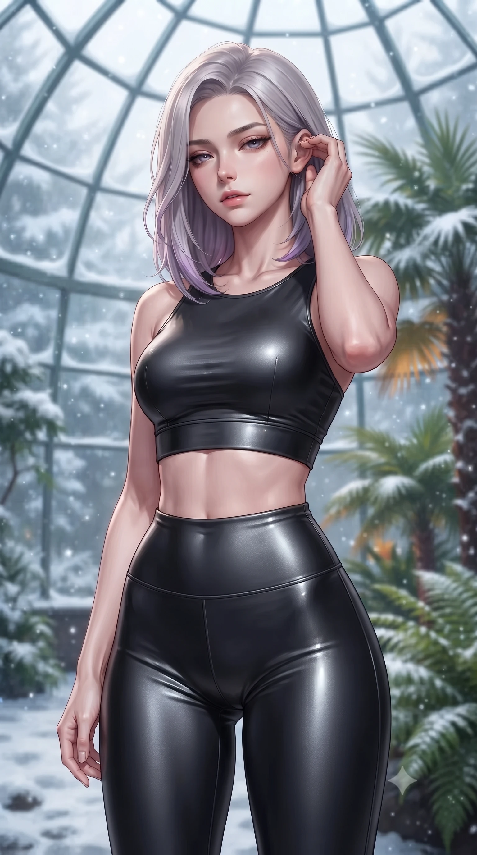 score_9, masterpiece, best quality, ultra-detailed, high-budget anime keyframe, editorial fashion photography, tasteful artistic composition, Caucasian woman. close-up cowboy shot from the waist and thighs up, the character dominates the composition, filling the frame with her large presence, background elements kept in soft focus. gently touching the side of her temple, casting a heavy-lidded, sultry look past the camera, the background shows a soft-focus a glass greenhouse dome built in a snowy biome, filled with warm tropical palms. She has an exceptionally elegant, slender, and willowy female figure with an ultra-slim waist, a gracefully sculpted slender torso, and a refined silhouette. sharp v-shaped jawline, high-bridge nose, intricate jewel-like eyes with depth, thick eyelashes, glossy lips with a natural sheen. wearing a body-hugging form-fitting athletic crop top and matching high-waisted compression leggings in sleek carbon-black tech fabric. soft silver starlight filtering through glass panels, creating a cool ambient glow. ultra-reflective glossy finish, specular highlights, metallic sheen, high-contrast stereoscopic depth, volumetric dynamic lighting, 2k, ultra detail, master piece, 9:16 ratio