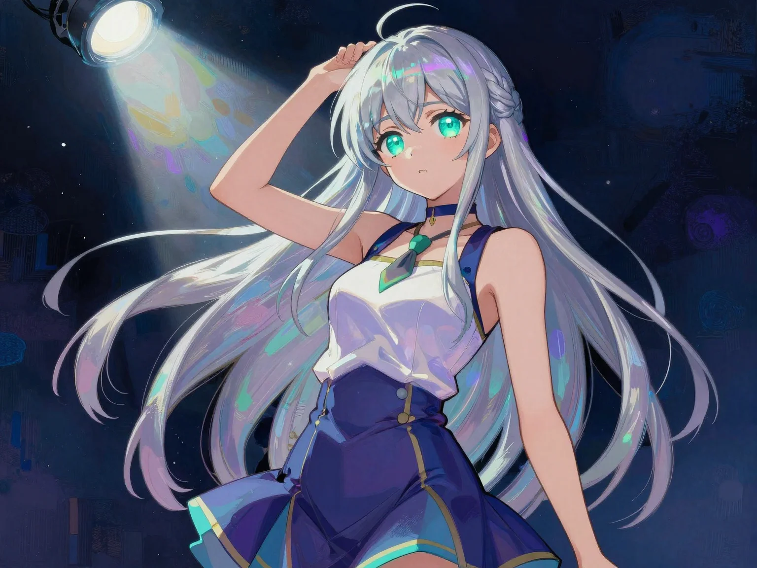 A post-impressionist expressionist manga-style female idol, 175 cm tall, with long silver hair and intensely highlighted, surreal, glowing teal-purple gradient eyes. She strikes a confident pose under a dramatic spotlight.