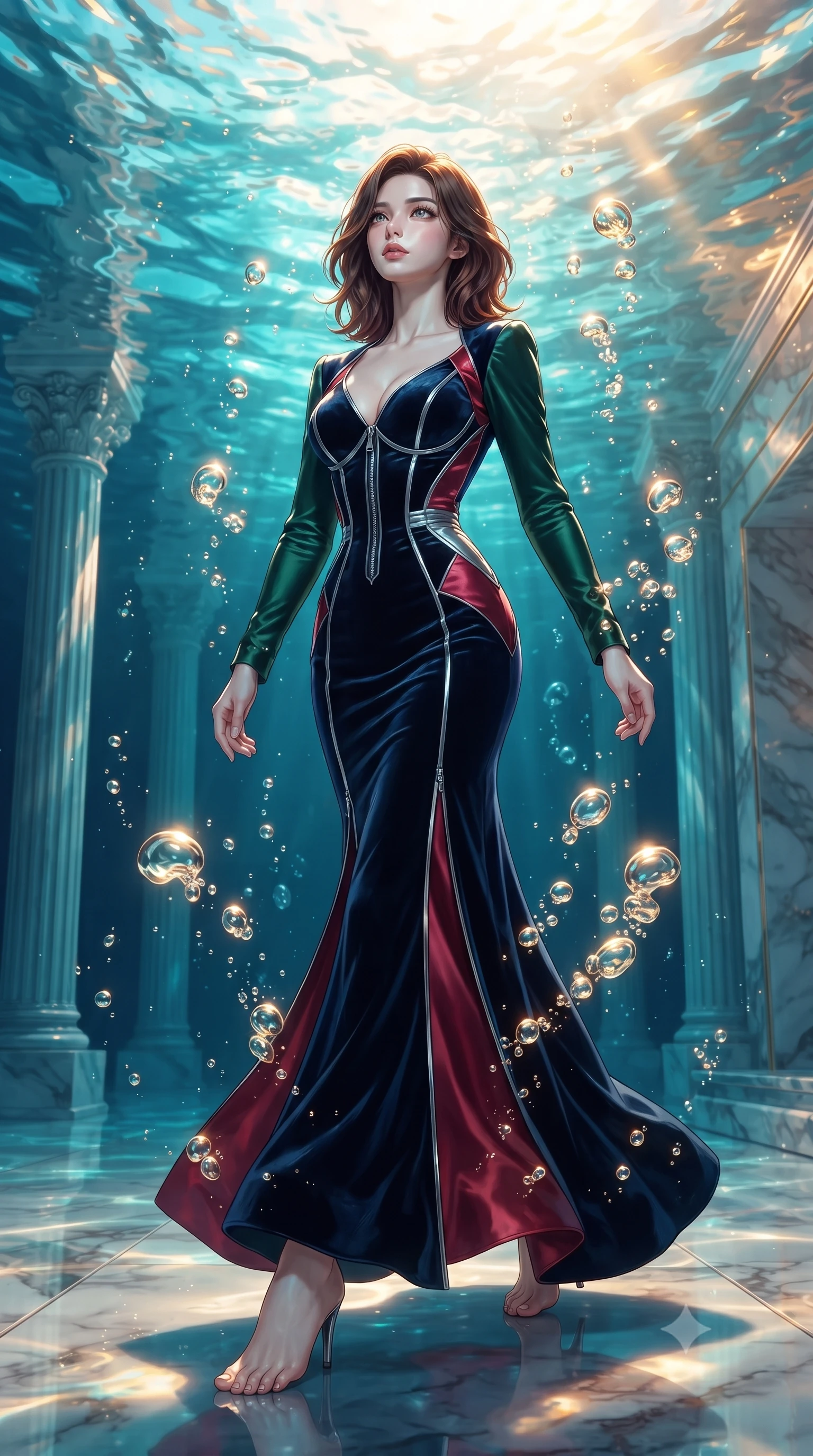 score_9, masterpiece, best quality, ultra-detailed, high-budget anime keyframe, editorial fashion photography, tasteful artistic composition, Korean woman. low angle full-body shot from head to toe showing her feet, filling the entire 9:16 vertical frame with her statuesque presence, stretching her vertical silhouette. stepping gracefully through the luxurious environment, stretching her statuesque silhouette, looking up at the sunlit water surface with a calm, serene expression, rising air bubbles catching bright golden rim highlights. She has an absolutely perfect, statuesque 8.5-heads proportion, an exceptionally tall and slender model-like female figure with impossibly long slender legs and an ultra-slim waist. sharp v-shaped jawline, high-bridge nose, intricate jewel-like eyes with depth, thick eyelashes, glossy lips with a natural sheen. wearing floor-length high-neck midnight navy velvet gown with long sleeves in deep emerald green, made of soft crimson satin, finished with metallic silver boning and sleek zipper points, highlighting her statuesque proportions and ultra-slim waistline. bathed in shimmering aqua reflections and warm top sunlight. highly saturated vibrant anime colors, detailed shading with soft gradients, rich glossy textures, high-contrast stereoscopic depth, volumetric dynamic lighting, master piece, 9:16 ratio
