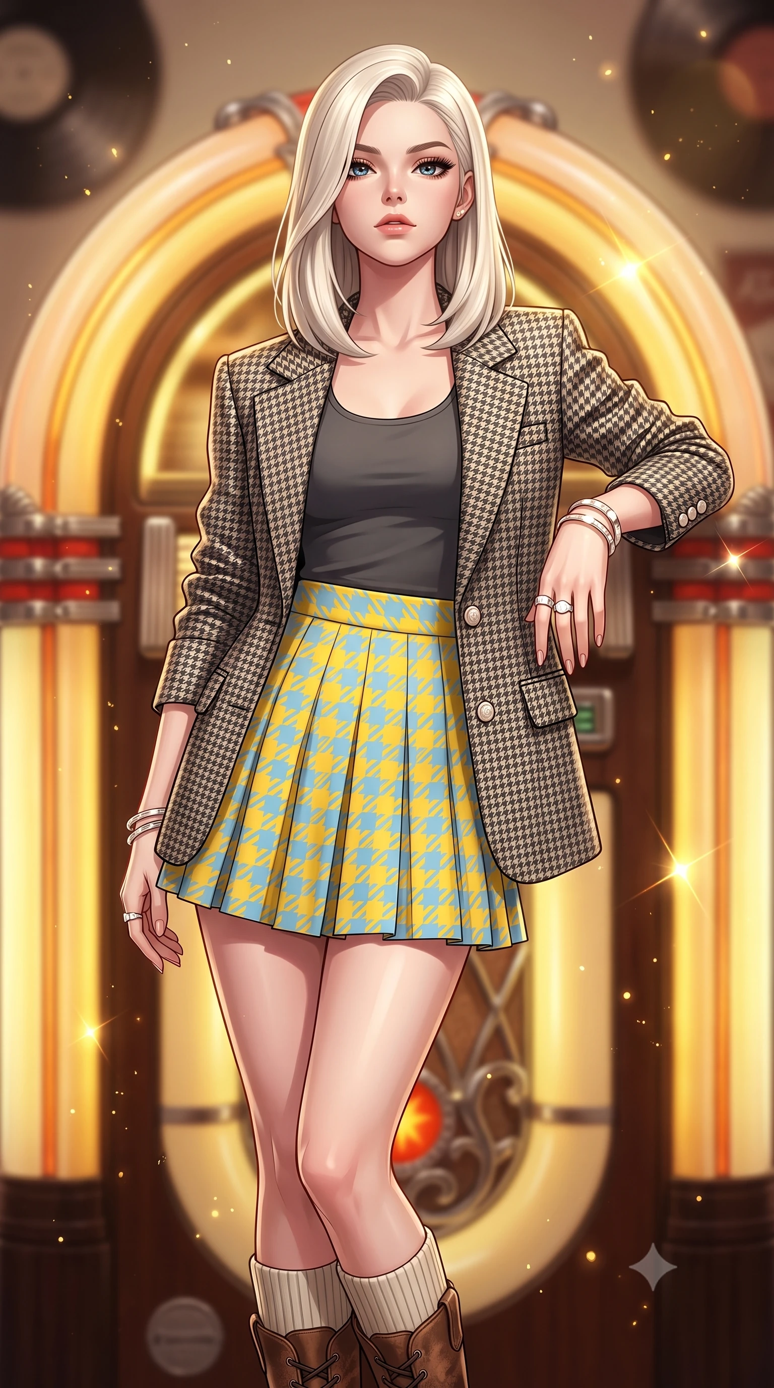 score_9, masterpiece, best quality, ultra-detailed, high-budget anime keyframe, semi-realistic 3D game render, editorial fashion photography, tasteful artistic composition, Caucasian woman. close-up cowboy shot from the waist and thighs up, the character dominates the composition, filling the frame with her large presence. tilting her chin up with proud, sovereign confidence while gazing directly into the lens with thick, dark eyelashes while leaning against a classic jukebox as warm golden tubes glow behind her, tapping her foot to an old groove. The composition keeps background elements in soft focus with creamy bokeh. drifting warm light dust motes and spinning turntable reflections scattering golden glints. She has an exceptionally elegant, slender, and willowy female figure with an ultra-slim waist, a gracefully sculpted slender torso, toned flat midriff, and a refined slim silhouette. sharp v-shaped jawline, high-bridge nose, intricate jewel-like eyes with depth, thick eyelashes, glossy lips with a natural sheen, captivating and magnetic expression, flawlessly proportioned anatomical accuracy, strict slender model proportions, natural body alignment, perfectly sculpted long slender limbs, ultra-slim waistline, clean dynamic posture without body distortion. wearing a tailored 90s houndstooth oversized blazer over a simple scoop-neck top and a high-waisted pleated wool mini-skirt in sunny retro canary yellow and sky blue, crafted from distressed supple genuine leather and soft ribbed cotton knit, finished with polished mother-of-pearl buttons and tailored flap pockets, the glove-like aerodynamic second-skin fit tightly clinging to her ultra-slender waist and athletic curves without adding bulk, accentuating her razor-sharp statuesque lines and slim hourglass silhouette. surrounded by a classy, soulful, and deeply romantic retro audiophile sweetheart aura. highly saturated vibrant anime colors, detailed shading with soft gradients, rich glossy textures, high-contrast stereoscopic depth, volumetric dynamic lighting, master piece, 9:16 ratio
