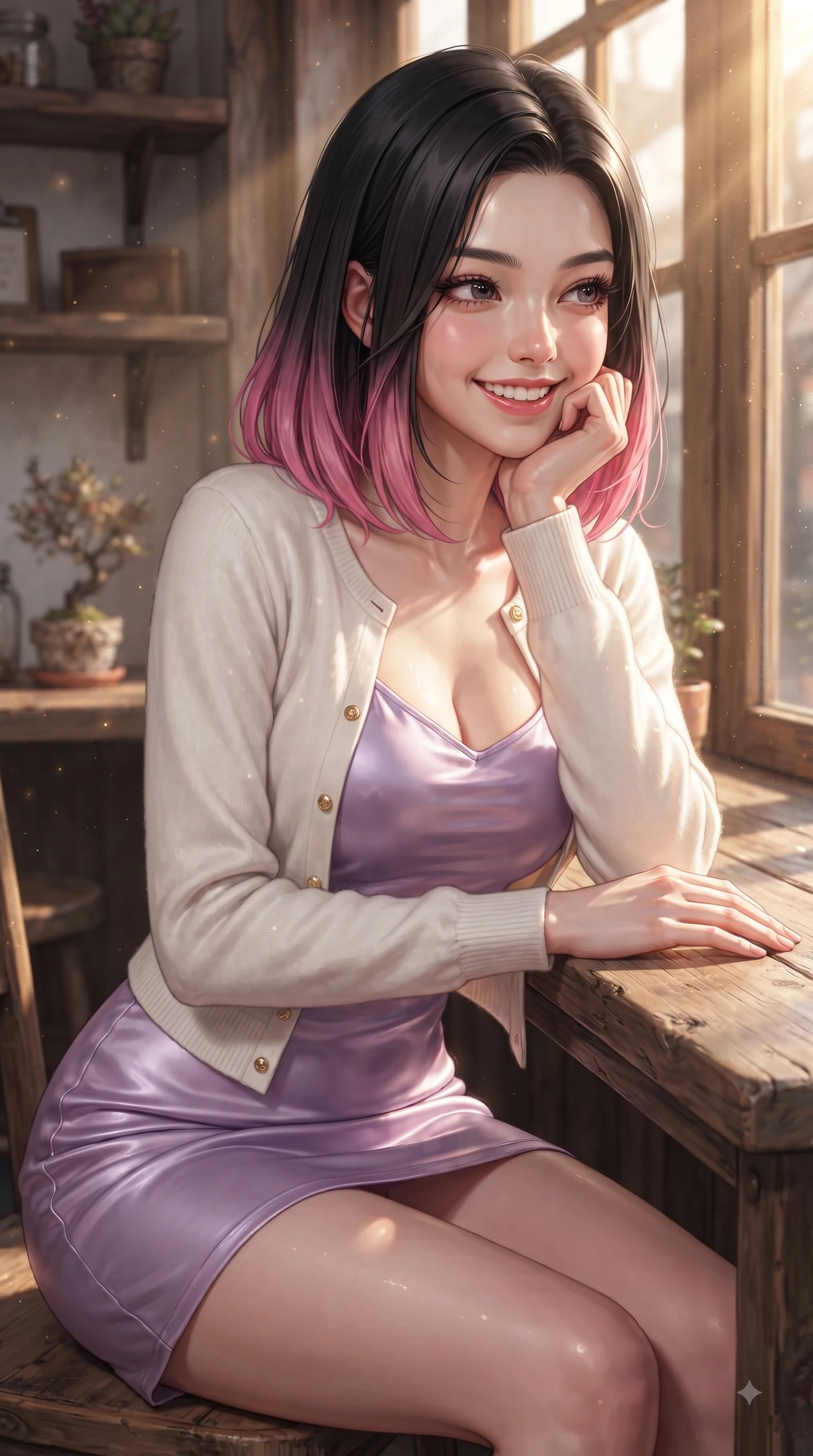 score_9, masterpiece, best quality, ultra-detailed, high-budget anime keyframe, editorial fashion photography, tasteful artistic composition, Korean woman. close-up cowboy shot from the waist and thighs up, the character dominates the composition, filling the frame with her large presence. Radiant youthful grin reflecting girlhood charm while casting a playful, joyful side-gaze with heavy lashes while resting her chin playfully on her hand at a rustic wooden table with a sweet smile. The surrounding environment is rendered in vivid detail and crisp panoramic clarity. bright sunbeams streaming across polished wooden surfaces rendered with environmental clarity. She has an exceptionally elegant, slender, and willowy female figure with an ultra-slim waist, a gracefully sculpted slender torso, and a refined silhouette. sharp v-shaped jawline, high-bridge nose, intricate jewel-like eyes with depth, thick eyelashes, glossy lips with a natural sheen, flawlessly proportioned anatomical accuracy, natural body alignment, perfectly sculpted elegant limbs, clean dynamic posture without body distortion. wearing a glossy satin slip dress layered under a soft cashmere cardigan in soft lavender violet and pearl white, made of premium stretch jersey that follows her curves like a glove, adorned with delicate gold buttons along the front, the tailored fabric tightly following every curve of her athletic build. bathed in warm golden sunlight streaming through clean glass cafe windows. ultra-reflective glossy finish, specular highlights, metallic sheen, high-contrast stereoscopic depth, volumetric dynamic lighting, 2k, ultra detail, master piece, 9:16 ratio