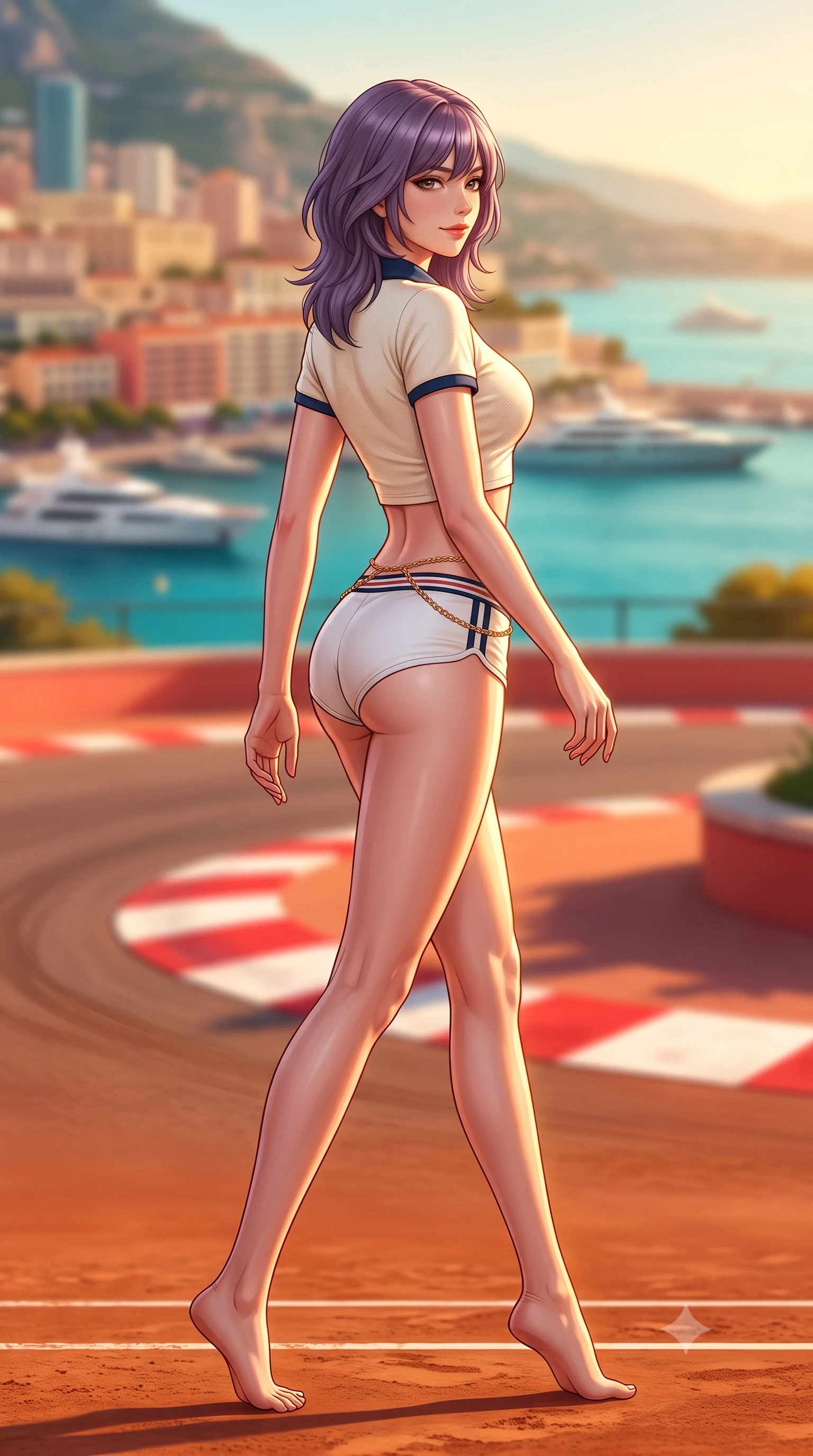 score_9, masterpiece, best quality, ultra-detailed, high-budget anime keyframe, semi-realistic 3D game render, editorial fashion photography, tasteful artistic composition, Japanese woman. low angle full-body shot from head to toe showing her feet, filling the entire 9:16 vertical frame with her statuesque presence, stretching her vertical silhouette. walking slowly along the clay court baseline, looking back over her shoulder with an air of effortless grace and an alluring, smoldering smile while twisting her slender torso in an alluring S-curve as Mediterranean sunset rays trace her form-fitting athletic outfit and curvy hips. The background shows a soft-focus the iconic red-and-white curbs of the tight Fairmont Hairpin and the Mediterranean sea beyond blurred into coral, turquoise, and gold bokeh. She has an absolutely perfect, statuesque 8.5-heads proportion, an exceptionally tall and slender model-like female figure with impossibly long slender legs, an ultra-slim waist, a flat toned midriff, narrow delicate ribcage, and beautifully sculpted feminine hips creating a graceful, slim hourglass silhouette without any bulky heaviness. sharp v-shaped jawline, high-bridge nose, sparkling eyes with athletic focus and depth, thick curled eyelashes, glossy parted lips with a natural coral-peach sheen, bright confident and coquettish smile with alluring bedroom-eyes, exuding both youthful sporty vigor and sovereign high-society glamour, flawlessly proportioned anatomical accuracy, strict slender model proportions, natural body alignment, perfectly sculpted long slender limbs, ultra-slim waistline, clean dynamic posture without body distortion. wearing a sleek piqué-knit tennis polo crop top with contrasting collar piping paired with low-rise white racing hot-pants in retro tennis cream and navy blue stripes, tailored from crisp cotton poplin with clean aerodynamic structural lines, accented with a delicate gold chain belt resting loosely on her curvy hips, the high-waisted wrap tailoring accentuating her ultra-slim waistline and the enchanting curve of her feminine hips with alluring sporty charm. bathed in molten golden hour sunset light reflecting off the Mediterranean Sea and hotel glass. highly saturated vibrant anime colors, detailed shading with soft gradients, rich glossy textures, high-contrast stereoscopic depth, volumetric dynamic lighting, master piece, 9:16 ratio
