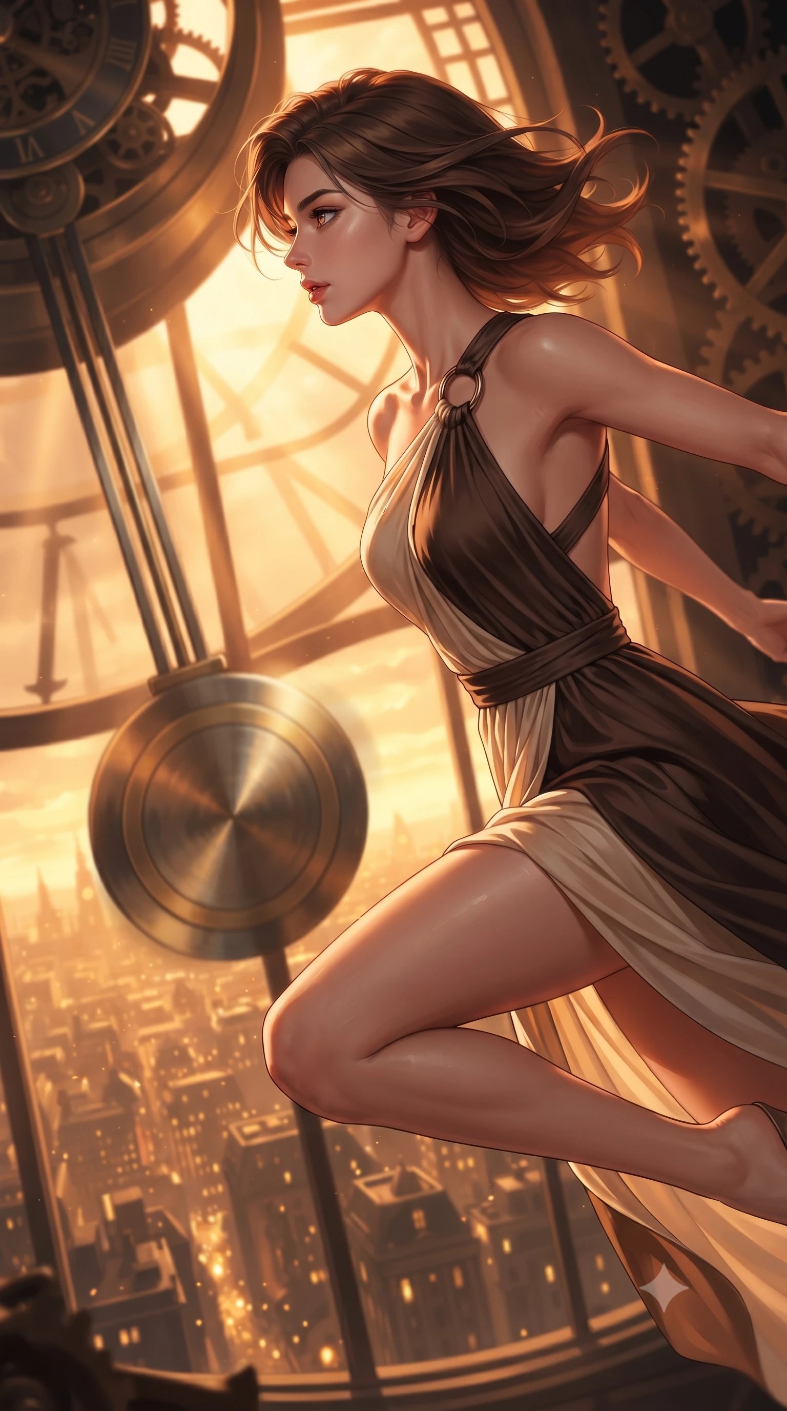 score_9, masterpiece, best quality, ultra-detailed, high-budget anime keyframe, editorial fashion photography, tasteful artistic composition, Korean woman. close-up cowboy shot from the waist and thighs up, the character dominates the composition, filling the frame with her large presence, background elements kept in soft focus. Turning her face in sharp profile while her upper body leans forward with poised athletic grace while leaping through the arc of a massive mechanical clock pendulum swinging over a golden city, dramatic twilight amber light streaming through a massive clock tower window. She has an exceptionally elegant, slender, and willowy female figure with an ultra-slim waist, a gracefully sculpted slender torso, and a refined silhouette. sharp v-shaped jawline, high-bridge nose, intricate jewel-like eyes with depth, thick eyelashes, glossy lips with a natural sheen, flawlessly proportioned anatomical accuracy, natural body alignment, perfectly sculpted elegant limbs, clean dynamic posture without body distortion. wearing an asymmetrical Grecian draped chiffon gown with a metallic shoulder ring in espresso brown and warm cream, made of premium stretch velvet with a rich sheen, complemented by criss-cross back straps highlighting her bare shoulders, the glove-like fit emphasizing her statuesque silhouette during motion. bathed in warm twilight amber backlighting and rich metallic specular glow. ultra-reflective glossy finish, specular highlights, metallic sheen, high-contrast stereoscopic depth, volumetric dynamic lighting, 2k, ultra detail, master piece, 9:16 ratio