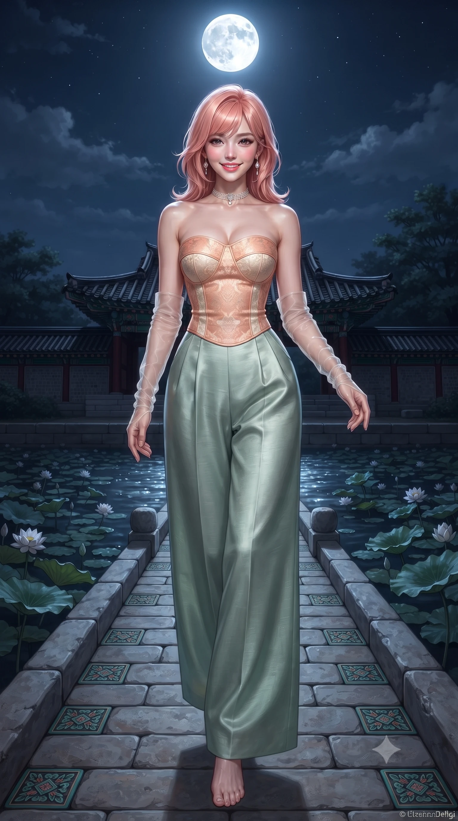 score_9, masterpiece, best quality, ultra-detailed, high-budget anime keyframe, editorial fashion photography, tasteful artistic composition, Japanese woman. low angle full-body shot from head to toe showing her feet, filling the entire 9:16 vertical frame with her statuesque presence, stretching her vertical silhouette. stepping forward gracefully across the stone bridge in mid-motion with a radiant beaming smile, hips swaying in an alluring kinetic rhythm that accentuates her curvy hourglass silhouette and long slender legs while twisting her slender torso in an alluring S-curve, silver moonbeams rippling across the dark water surface and highlighting her narrow waist and curvy hips. The surrounding environment is rendered in vivid detail and crisp panoramic clarity: sharp carved granite foundation stones, intricate dancheong mineral paint details, and rippling lotus pond surface tension in deep focus. She has an absolutely perfect, statuesque 8.5-heads proportion, an exceptionally tall and slender model-like female figure with impossibly long slender legs, an ultra-slim waist, a flat toned midriff, narrow delicate ribcage, and beautifully sculpted feminine hips creating a graceful, slim hourglass silhouette without any bulky heaviness. sharp v-shaped jawline, high-bridge nose, intricate jewel-like dark sparkling almond eyes with depth, thick lashes, glossy parted lips with a natural rose-plum sheen, bright alluring and coquettish smile with bedroom-eyes, exuding both timeless oriental elegance and sovereign high-fashion allure, flawlessly proportioned anatomical accuracy, strict slender model proportions, natural body alignment, perfectly sculpted long slender limbs, ultra-slim waistline, clean dynamic posture without body distortion. wearing a strapless structured silk brocade bustier top paired with flowing wide-leg satin palazzo trousers cinched at the waist in warm peach apricot and soft vanilla silk, tailored from smooth celadon raw silk with natural organic slub texture, complemented by delicate sheer silk fingerless gloves reaching past her elbows, the liquid-tight tailored silk fabric clinging flawlessly to her narrow waist and rounded feminine hips, emphasizing every millimeter of her sculpted slim hourglass curves without any bulky heaviness. bathed in cold silver moonlight cascading down from a brilliant full moon overhead. ultra-reflective glossy finish, specular highlights, rich textural contrasts, high-contrast stereoscopic depth, volumetric dynamic lighting, 2k, ultra detail, master piece, 9:16 ratio