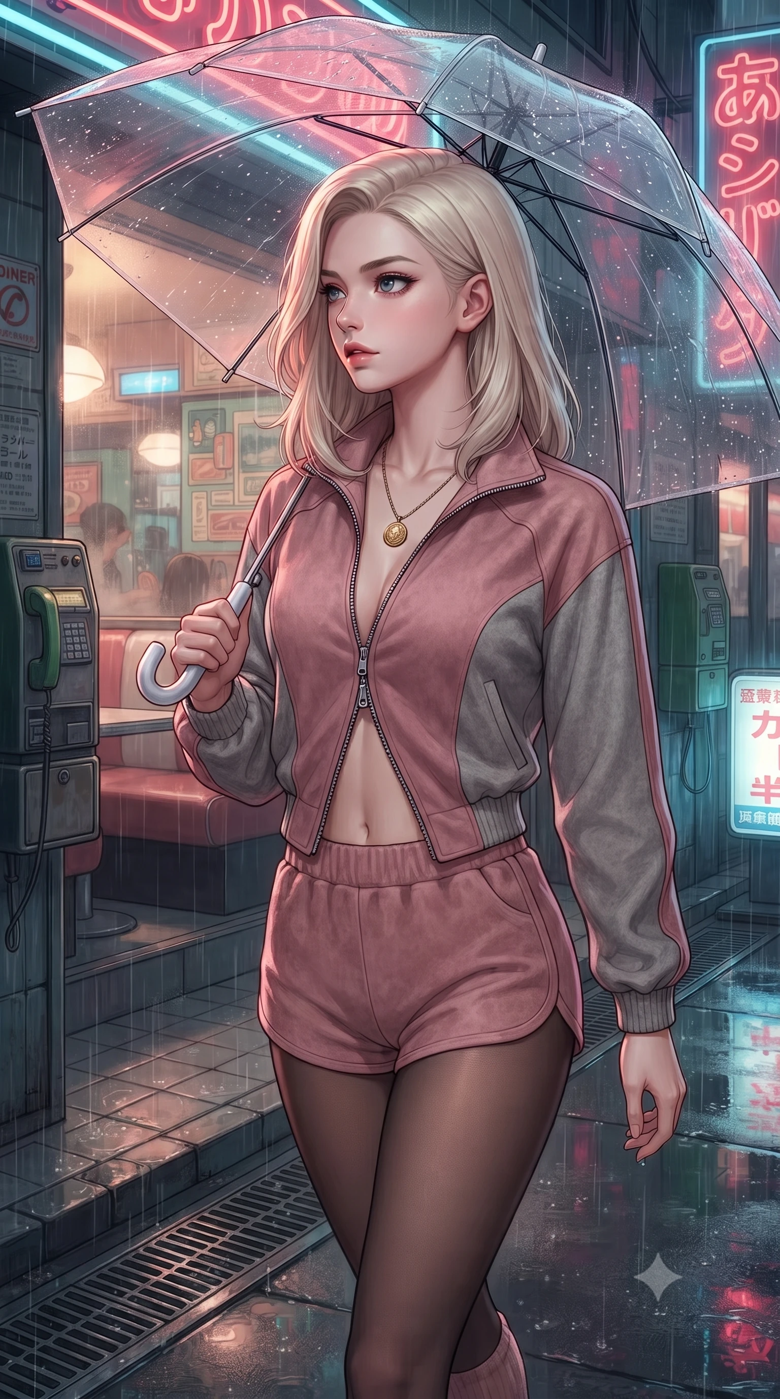 score_9, masterpiece, best quality, ultra-detailed, high-budget anime keyframe, editorial fashion photography, tasteful artistic composition, Caucasian woman. close-up cowboy shot from the waist and thighs up, the character dominates the composition, filling the frame with her large presence. turning over her shoulder with an indomitable, smoldering gaze, her soft hair framing her razor-sharp v-shaped jawline while strolling along a rain-drenched 1990s Tokyo neon back-alley, holding a transparent umbrella that catches vivid reflections. The surrounding environment is rendered in vivid detail and crisp panoramic clarity. detailed vintage diner booth interiors visible through glass, telephone coin slots, and drain grates in high clarity. She has an exceptionally elegant, slender, and willowy female figure with an ultra-slim waist, a gracefully sculpted slender torso, toned flat midriff, and a refined slim silhouette. sharp v-shaped jawline, high-bridge nose, intricate jewel-like eyes with depth, thick eyelashes, glossy lips with a natural sheen, captivating and magnetic expression, flawlessly proportioned anatomical accuracy, strict slender model proportions, natural body alignment, perfectly sculpted long slender limbs, ultra-slim waistline, clean dynamic posture without body distortion. wearing a sporty 80s retro track jacket paired with high-waisted dolphin running shorts and tube socks in dusty rose pink and vintage heather grey, tailored from velvety soft genuine suede with classic stitched seams, accented with a vintage gold coin pendant necklace and dark sheer tights, the precision-cut daring openings accentuating her delicate midriff, graceful bare collarbones, and ultra-slim feminine waistline. surrounded by a romantic, moody, and irresistibly nostalgic 90s city-pop heroine aura. ultra-reflective glossy finish, specular highlights, rich textural contrasts, high-contrast stereoscopic depth, volumetric dynamic lighting, 2k, ultra detail, master piece, 9:16 ratio