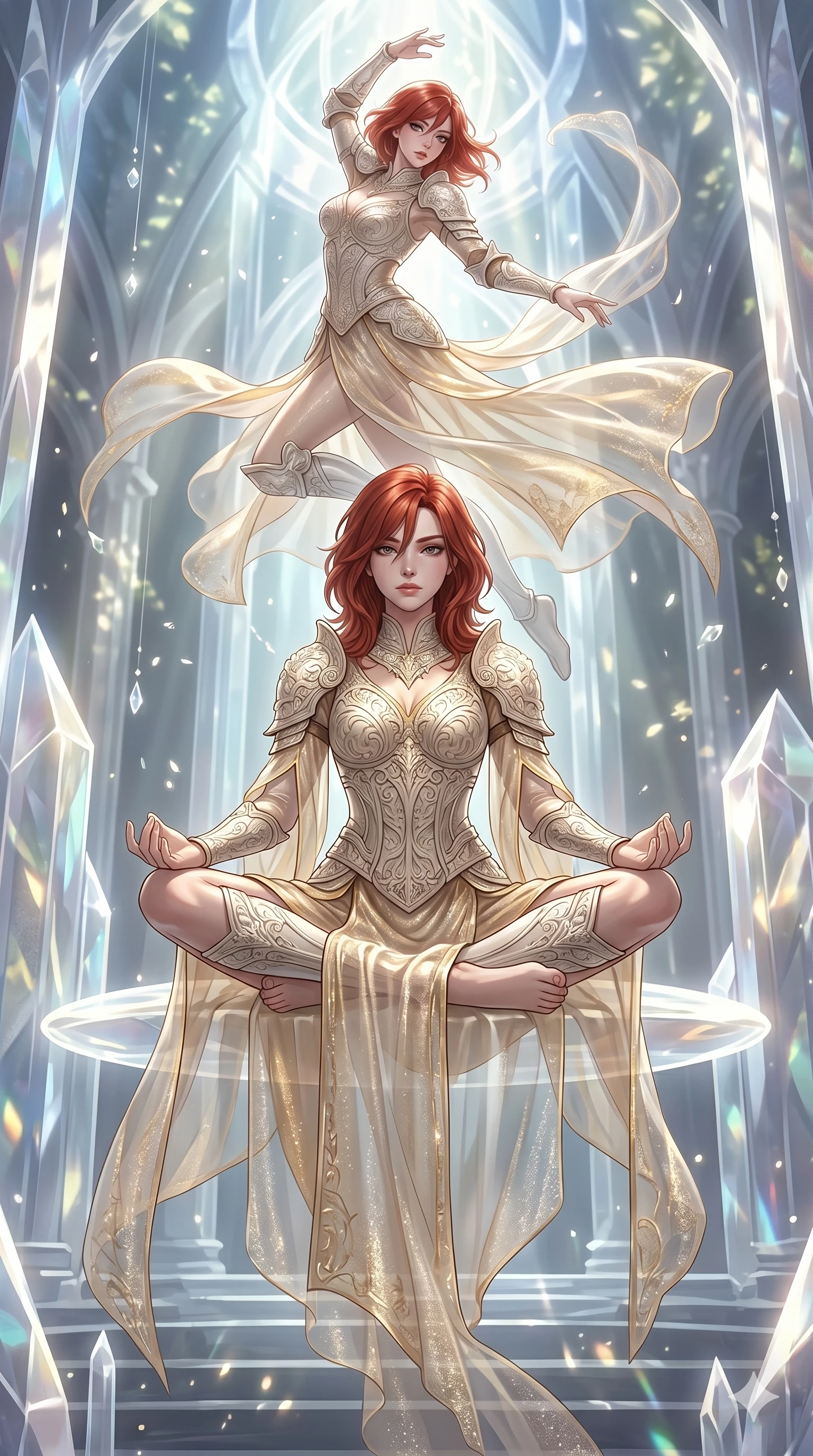 score_9, masterpiece, best quality, ultra-detailed, Set A: High-budget Anime Keyframe, Japanese woman. Low angle cowboy shot filling the entire 9:16 frame with her statuesque presence. Theme: Ethereal Dream. meditating in a temple made of solid light, as her reflection in the air starts to dance independently 295. The atmosphere is filled with cinematic sunlight through leaves. She has an absolutely perfect 8-heads proportion, an exceptionally tall and slender female figure with impossibly long slender legs and an ultra-slim waist. Sharp v-shaped jawline, high-bridge nose, intricate jewel-like eyes with depth, glossy lips. Wearing Ornate ivory-carved plate armor over a sheer gold-thread silk gown. Cinematic lighting, vivid colors, dramatic shadows, 2k, ultra detail, master piece, 9:16 ratio