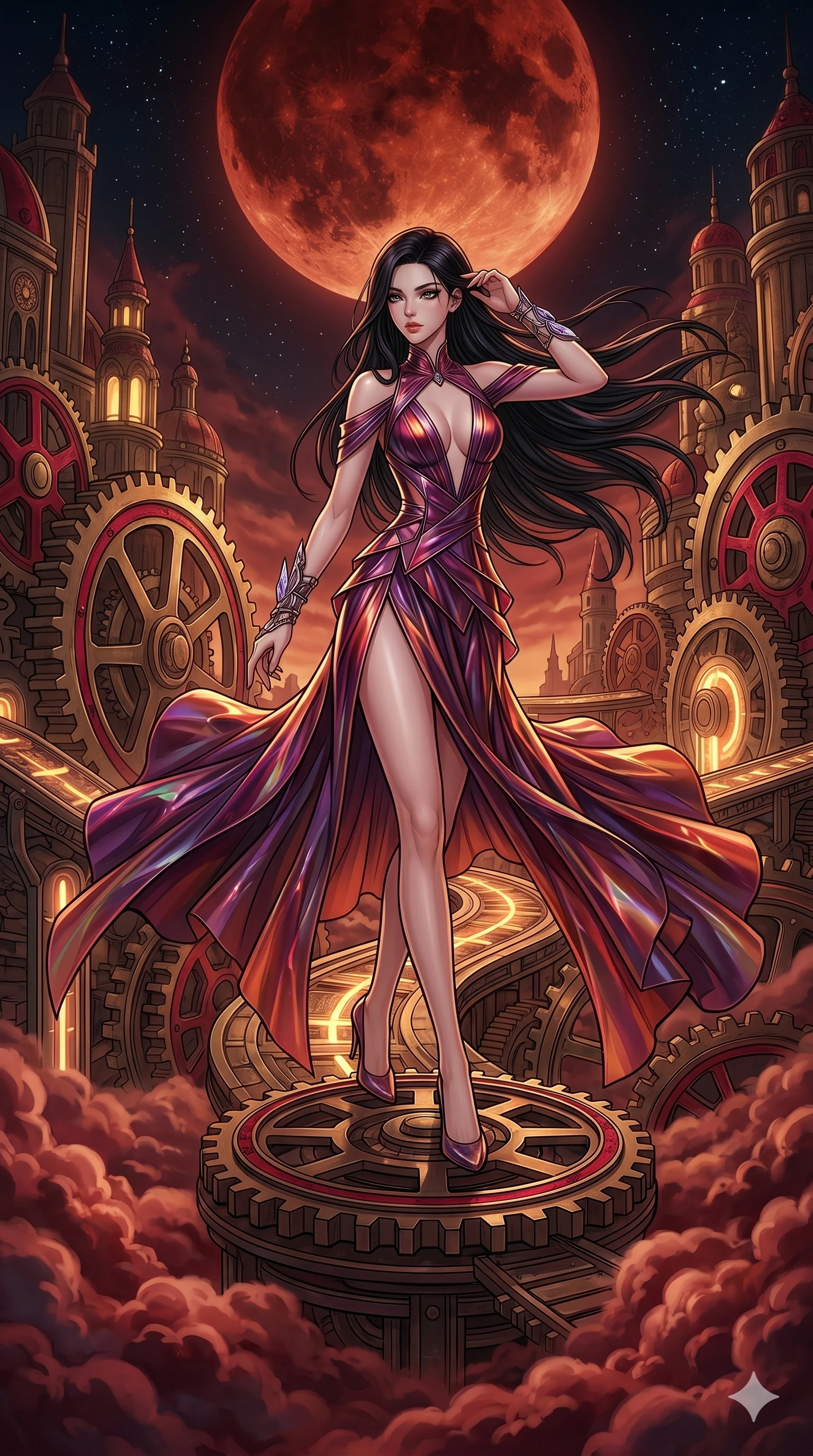 score_9, masterpiece, best quality, ultra-detailed, high-budget anime movie keyframe, cinematic anime lighting, intricate line art, Caucasian (strictly human ears) anime girl. Low angle cowboy shot filling the entire 9:16 frame with her statuesque presence. navigating a sea of clouds in a clockwork heart of a city under a blood moon. She has an absolutely perfect 8-heads proportion, an exceptionally tall and slender female figure with an ultra-slim waist and impossibly long slender legs. sharp v-shaped jawline, high-bridge nose, intricate jewel-like eyes, thick eyelashes, glossy lips. Wearing avant-garde high-fashion gown made of iridescent vinyl with a dangerously high side slit and a plunging neckline, revealing an ultra-slim waist and long slender legs. The scene is illuminated by dramatic atmospheric lighting and vibrant color palettes. 2k, ultra detail, master piece, 9:16 ratio