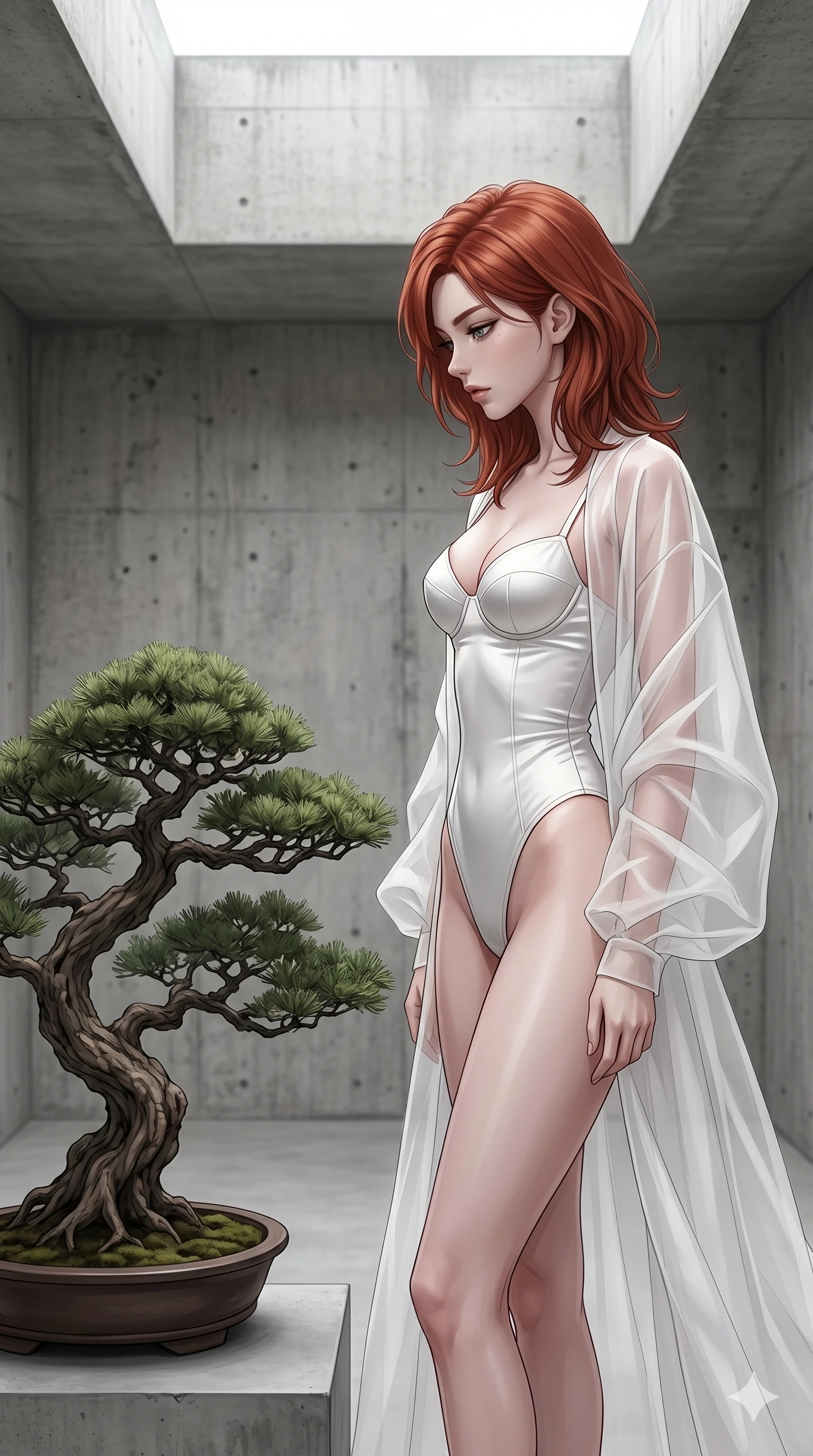 score_9, masterpiece, best quality, ultra-detailed, high-budget anime keyframe, editorial fashion photography, tasteful artistic composition, Korean woman. cowboy shot from the thighs up, character and outfit filling the frame for maximum editorial presence. standing in a sharp profile pose, looking down at the tree with a cool, composed expression inside a minimalist concrete gallery with a single bonsai tree (Code-P16-046). She has an absolutely perfect 8-heads proportion, an exceptionally tall and slender female figure with impossibly long slender legs and an ultra-slim waist. V-shaped jawline, high-bridge nose, intricate jewel-like eyes with depth, thick eyelashes, glossy lips with a natural sheen. wearing a structured white silk high-cut bodysuit with structured cups and a sheer organza wrap. soft diffused light from a concrete skylight, highlighting her V-shaped jawline and nose. 2k, ultra detail, master piece, 9:16 ratio