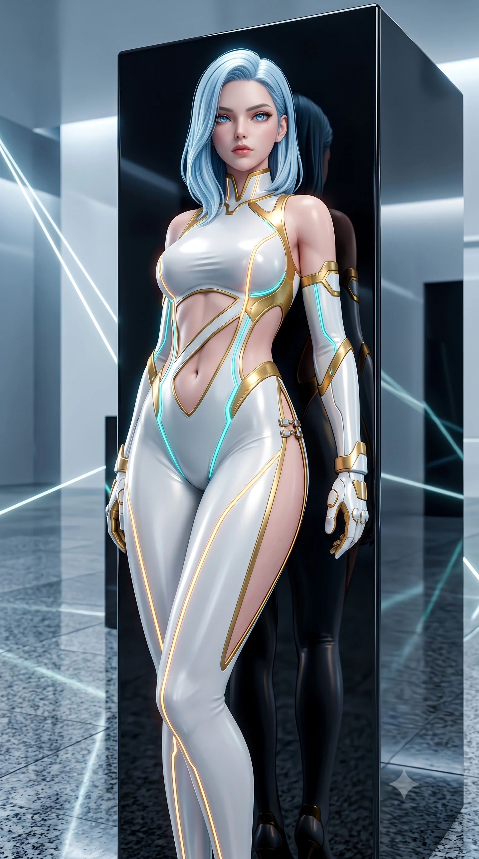 score_9, masterpiece, best quality, ultra-detailed, high-budget anime keyframe, semi-realistic 3D game render, editorial fashion photography, tasteful artistic composition, Korean woman. close-up cowboy shot from the waist and thighs up, the character dominates the composition, filling the frame with her large presence. gazing forward with divine sovereign poise, captivating jewel-like eyes shining with transcendent luminescence and alluring grace while leaning against a monolithic mirror-polished obsidian block with a haughty, captivating gaze into the lens. The surrounding environment is rendered in vivid detail and crisp panoramic clarity. sharp obsidian stone edge reflections, distinct laser beam filament shafts, and granite floor reflections in deep focus. She has an exceptionally elegant, slender, and willowy female figure with an ultra-slim waist, a gracefully sculpted slender torso, toned flat midriff, and a refined slim silhouette. sharp v-shaped jawline, high-bridge nose, intricate jewel-like eyes with depth, thick eyelashes, glossy lips with a natural sheen, flawlessly proportioned anatomical accuracy, strict slender model proportions, natural body alignment, perfectly sculpted long slender limbs, ultra-slim waistline, clean dynamic posture without body distortion. wearing a second-skin white-and-gold high-fashion tech-bodysuit with diagonal midriff cutouts and glowing cyan fiber seams in high-contrast monochrome white enamel and glowing amber lines, made of liquid jersey fabric that clings flawlessly to every contour of her build, finished with an ultra-high side slit secured by miniature magnetic clasps, the glove-like aerodynamic second-skin fit tightly clinging to her ultra-slender waist and athletic curves without adding bulk, accentuating her razor-sharp statuesque lines and slim hourglass silhouette. illuminated by crisp directional key light with sharp specular highlights tracing her slender curves. rich saturated anime colors with glowing neon highlights, detailed shading with soft gradients, rich glossy textures, high-contrast stereoscopic depth, volumetric dynamic lighting, master piece, 9:16 ratio