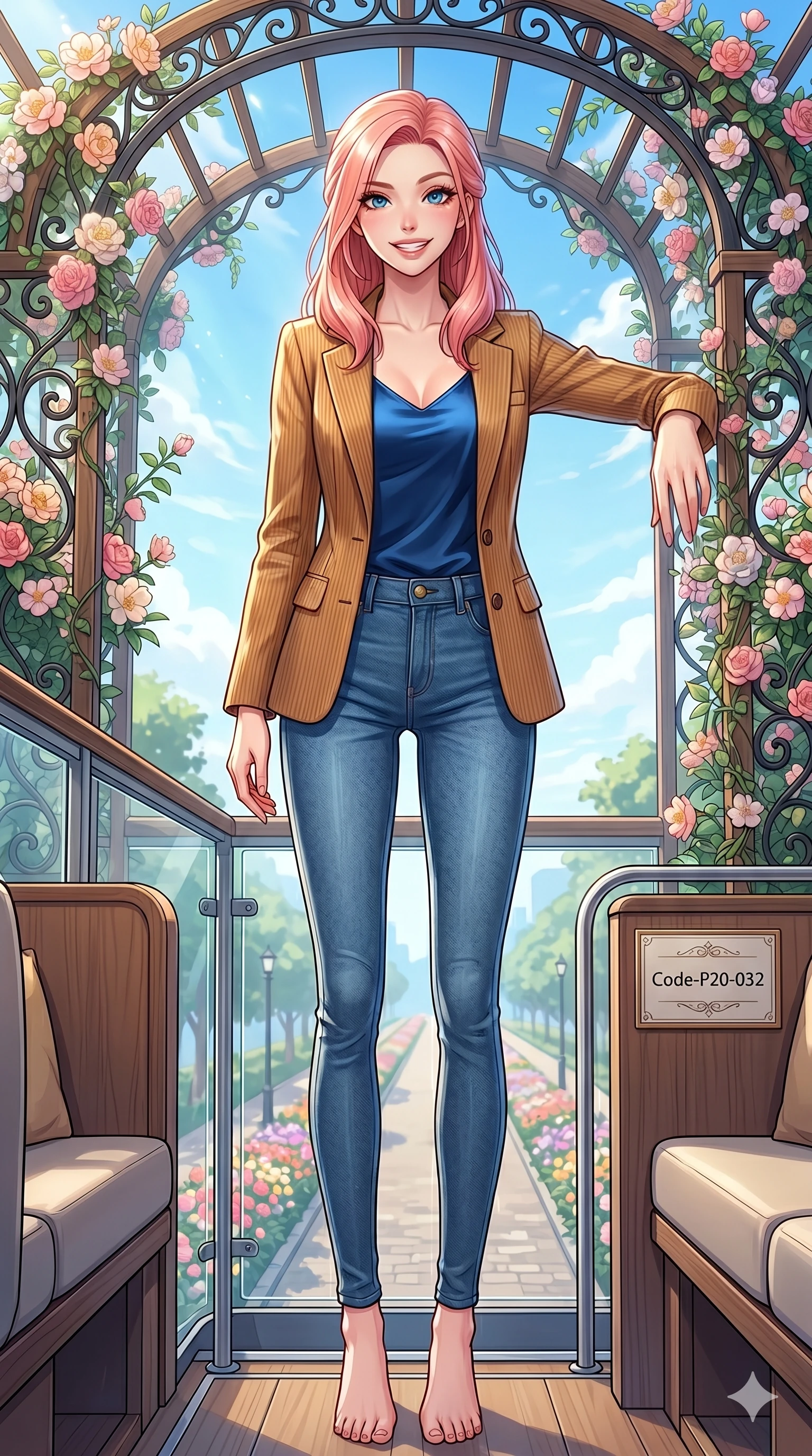 score_9, masterpiece, best quality, ultra-detailed, high-budget anime keyframe, vibrant anime aesthetic, Japanese woman. low angle full-body shot from head to toe showing her feet, filling the entire 9:16 vertical frame with her statuesque presence, stretching her vertical silhouette. She is posing with a playful, lively grin, leaning one hand against a flower trellis on an open-air luxury bus deck cruising through a sunny, flower-decorated avenue (Code-P20-032). She has an absolutely perfect 8-heads proportion, an exceptionally tall and slender female figure with impossibly long slender legs and an ultra-slim waist. V-shaped jawline, high-bridge nose, intricate jewel-like eyes with depth, thick eyelashes, glossy lips with a natural sheen. wearing a tailored corduroy blazer over a satin top and jeans. She is cool, bright sky reflections from all sides, outlining her tall slender figure. 2k, ultra detail, master piece, 9:16 ratio