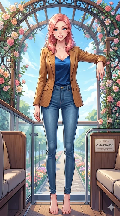 score_9, masterpiece, best quality, ultra-detailed, high-budget anime keyframe, vibrant anime aesthetic, Japanese woman. low angle full-body shot from head to toe showing her feet, filling the entire 9:16 vertical frame with her statuesque presence, 