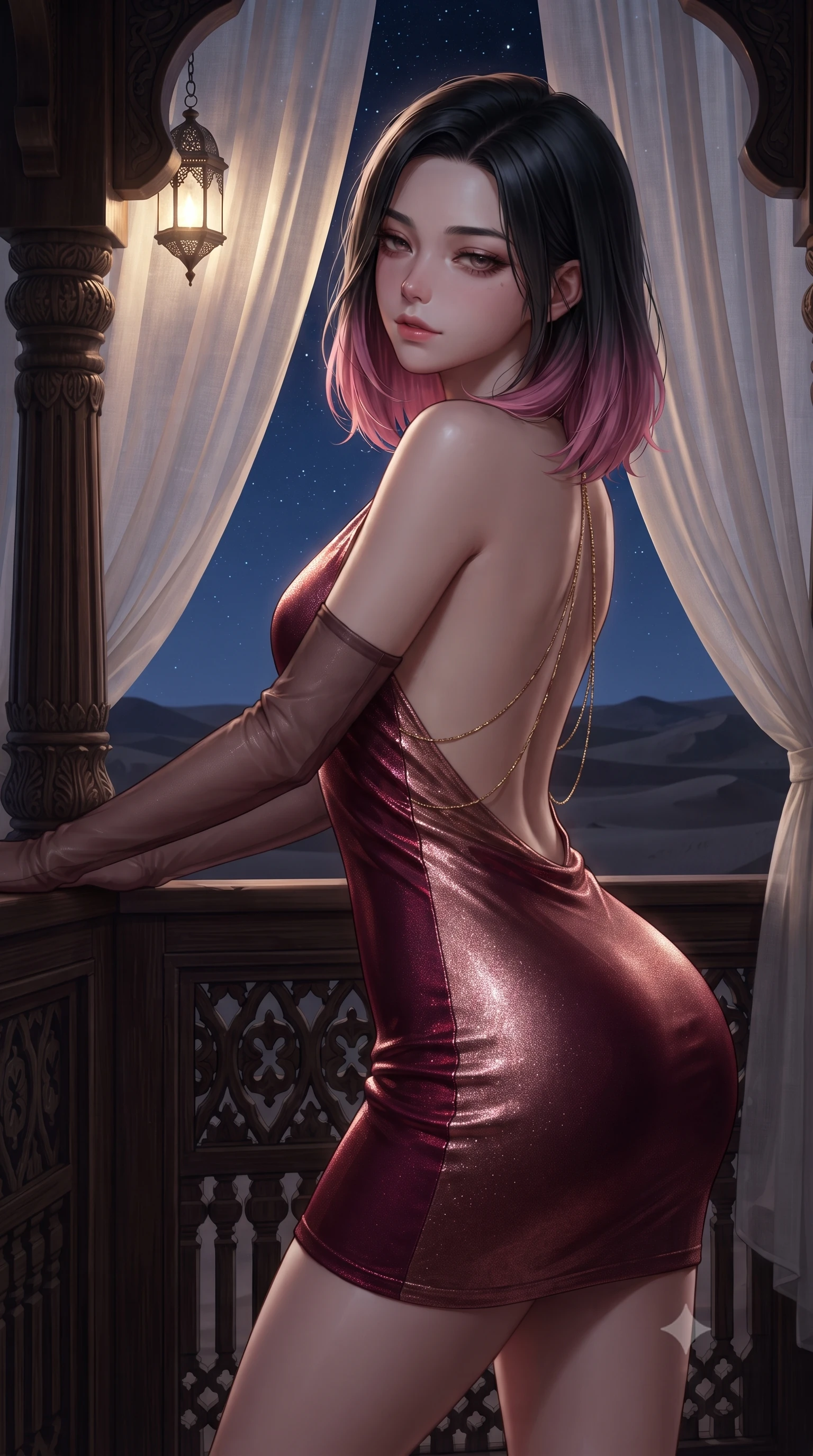 score_9, masterpiece, best quality, ultra-detailed, high-budget anime keyframe, editorial fashion photography, tasteful artistic composition, Korean woman. close-up cowboy shot from the waist and thighs up, the character dominates the composition, filling the frame with her large presence. leaning back against the balustrade with relaxed seductive grace, head tilted back slightly while casting a hypnotic, heavy-lidded gaze while leaning against the carved teak cabana pillar with hips cocked back, looking through billowing linen curtains into the desert night with smoldering eyes. The surrounding environment is rendered in vivid detail and crisp panoramic clarity: detailed backless plunge-front silk jumpsuit tailoring, gold body chain shine, and bespoke cabana woodwork in high resolution. She has an exceptionally elegant, slender, and willowy female figure with an ultra-slim waist, flat toned midriff, narrow ribcage, and sculpted feminine hips creating an alluring, slim hourglass silhouette without bulk. sharp v-shaped jawline, high-bridge nose, sparkling eyes with hypnotic seductive depth, thick curled eyelashes, glossy parted lips with a natural dewy peach sheen, alluring bedroom-eyes with an enchanting coquettish smile, exuding magnetic siren charisma and sophisticated glamour, flawlessly proportioned anatomical accuracy, strict slender model proportions, natural body alignment, perfectly sculpted long slender limbs, ultra-slim waistline, clean dynamic posture without body distortion. wearing a slinky backless halterneck column mini dress in shimmering liquid vinyl clinging like a second skin in smoldering Chianti crimson wine and deep rose-gold, woven from stretch metallic lurex jersey casting radiant starlight glints across her silhouette, complemented by sheer opera-length evening gloves tracing her slender arms, the form-contouring silhouette accentuating her sculpted flat midriff, narrow delicate ribcage, and gracefully curvy hips with intoxicating allure. illuminated by lantern light scatter and sharp starry-platinum rim lights defining her delicate clavicles, ultra-slim waist, and curvy hips. ultra-reflective glossy finish, specular highlights, rich textural contrasts, high-contrast stereoscopic depth, volumetric dynamic lighting, 2k, ultra detail, master piece, 9:16 ratio