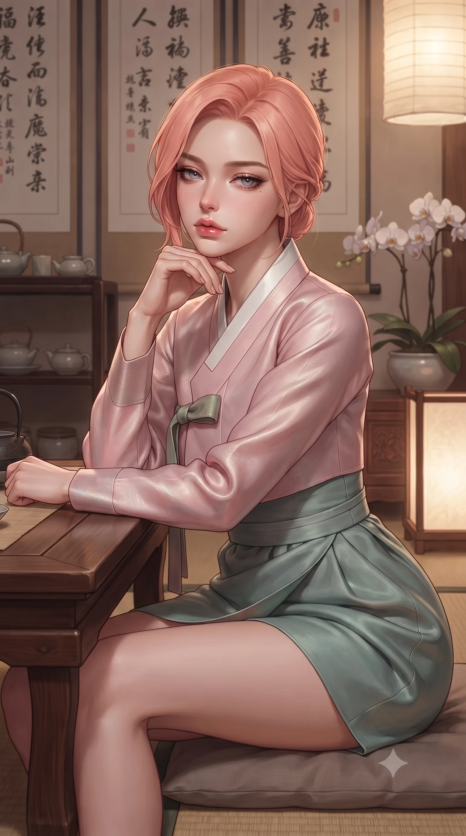 score_9, masterpiece, best quality, ultra-detailed, high-budget anime keyframe, editorial fashion photography, tasteful artistic composition, Japanese woman woman. close-up cowboy shot from the waist and thighs up, the character dominates the composition, filling the frame with her large presence, background elements kept in soft focus. resting her chin on the backs of her fingers, casting a heavy-lidded, sultry look past the camera the background shows a soft-focus a tea room with low wooden tables, calligraphy hanging scrolls, and orchid plants. She has an exceptionally elegant, slender, and willowy female figure with an ultra-slim waist, a gracefully sculpted slender torso, and a refined silhouette. sharp v-shaped jawline, high-bridge nose, intricate jewel-like eyes with depth, thick eyelashes, glossy lips with a natural sheen. wearing a form-contouring modern fusion hanbok jeogori in light pink silk, paired with a high-waisted wrap skirt. soft warm paper lamp glow creating a quiet and meditative atmosphere. ultra-reflective glossy finish, specular highlights, metallic sheen, high-contrast stereoscopic depth, volumetric dynamic lighting, 2k, ultra detail, master piece, 9:16 ratio