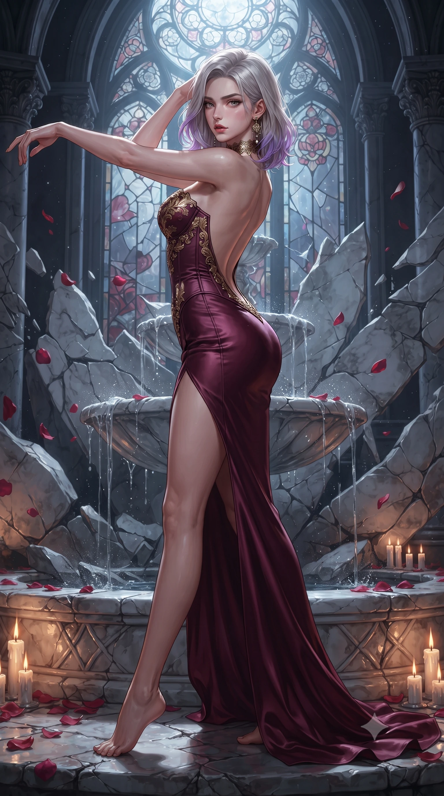 score_9, masterpiece, best quality, ultra-detailed, high-budget anime keyframe, editorial fashion photography, tasteful artistic composition, Caucasian woman. low angle full-body shot from head to toe showing her feet, filling the entire 9:16 vertical frame with her statuesque presence, stretching her vertical silhouette. pivoting dynamically with supreme athletic balance, her impossibly long slender legs and ultra-slim waist creating a mesmerizing vertical line while arching her spine in a fluid, serpentine curve against a shattered marble fountain as silver moonlight filters through stained glass. The surrounding environment is rendered in vivid detail and crisp panoramic clarity. intricate wrought-iron filigree, velvet rose petal textures, and cracked marble masonry in sharp focus. She has an absolutely perfect, statuesque 8.5-heads proportion, an exceptionally tall and slender model-like female figure with impossibly long slender legs, a toned flat midriff, and an ultra-slim waist. sharp v-shaped jawline, high-bridge nose, intricate jewel-like eyes with depth, thick eyelashes, glossy parted lips with a natural sheen, intensely captivating and seductive expression, flawlessly proportioned anatomical accuracy, strict slender model proportions, natural body alignment, perfectly sculpted long slender limbs, ultra-slim waistline, clean dynamic posture without body distortion. wearing a baroque gold-embroidered bustier gown with exposed clavicle and structured hip boning in deep royal wine burgundy and liquid gold, tailored from liquid silk jersey adhering flawlessly to her slender build, finished with a dramatic filigree Victorian choker and chandelier earrings, the dramatically scooped open back descending to the base of her spine, accentuating her razor-sharp statuesque lines and slim hourglass silhouette. bathed in cold lunar moonlight from above and warm flickering candle uplights from below. ultra-reflective glossy finish, specular highlights, rich textural contrasts, high-contrast stereoscopic depth, volumetric dynamic lighting, 2k, ultra detail, master piece, 9:16 ratio