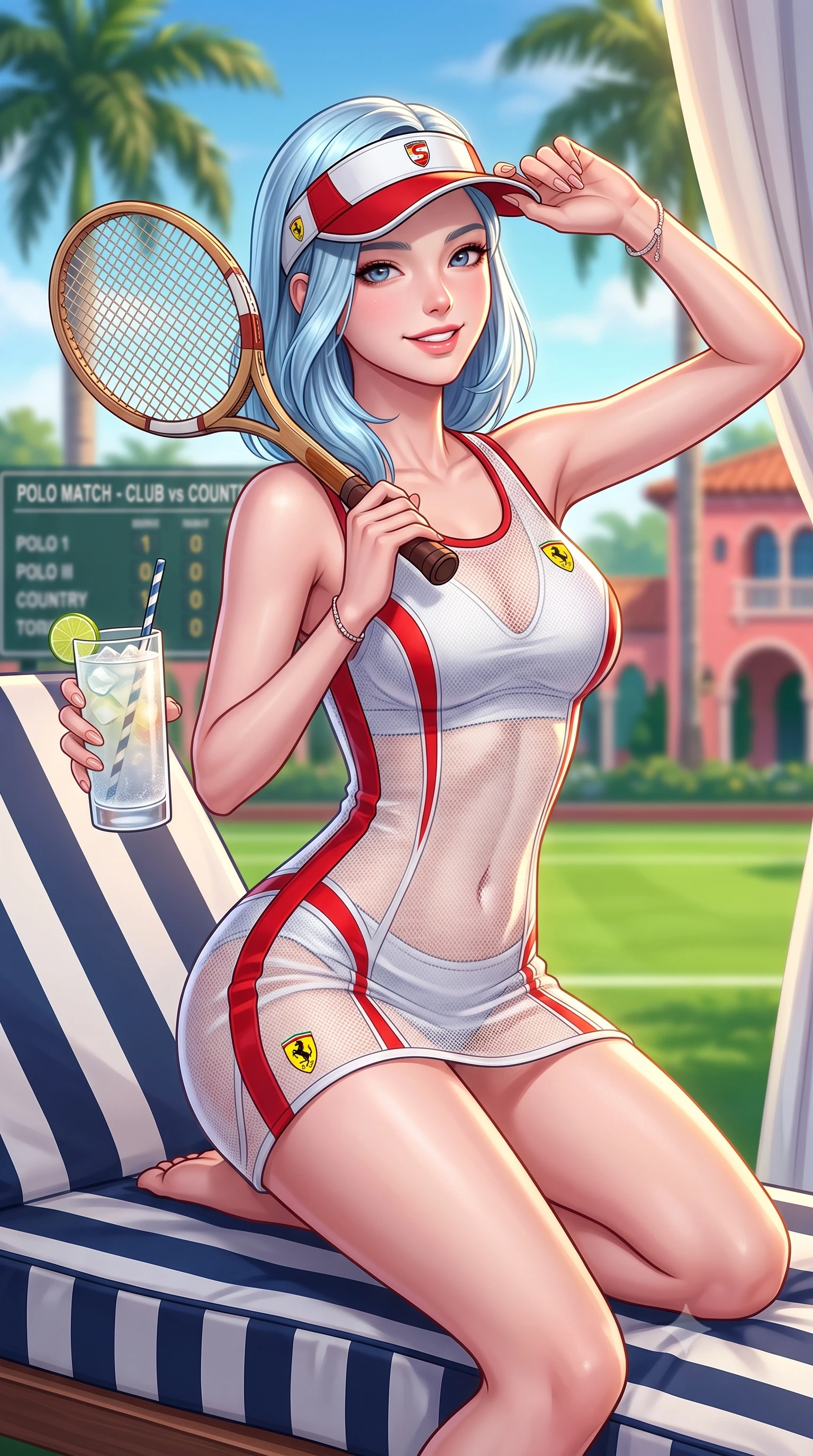 score_9, masterpiece, best quality, ultra-detailed, high-budget anime keyframe, semi-realistic 3D game render, editorial fashion photography, tasteful artistic composition, Korean woman. close-up cowboy shot from the waist and thighs up, the character dominates the composition, filling the frame with her large presence. tilting her head with a cute beaming smile while arching her spine with athletic poise, one hand adjusting her racing visor in a flirtatious S-curve while lounging in a poolside striped cabana daybed with one knee bent, holding an iced cocktail with effortless Palm Beach old-money coolness. The background shows a soft-focus soaring Royal Palms, polo field scoreboards, and Mediterranean revival terracotta clubhouses blurred into coral pink, emerald, and sky-blue bokeh. She has an exceptionally elegant, slender, and willowy female figure with an ultra-slim waist, flat toned midriff, narrow ribcage, and sculpted feminine hips creating an alluring, slim hourglass silhouette without bulk. sharp v-shaped jawline, high-bridge nose, sparkling eyes with athletic focus and depth, thick curled eyelashes, glossy parted lips with a natural coral-peach sheen, bright confident and coquettish smile with alluring bedroom-eyes, exuding both youthful sporty vigor and sovereign high-society glamour, flawlessly proportioned anatomical accuracy, strict slender model proportions, natural body alignment, perfectly sculpted long slender limbs, ultra-slim waistline, clean dynamic posture without body distortion. wearing a delicate semi-sheer white mesh tennis slip dress layered over a matching sports bra, hugging her slender waist and hips in Scuderia racing red and pure alabaster white, made of smooth liquid-tight stretch jersey emphasizing every curve of her body, featuring a vintage wooden tennis racket held casually over one shoulder, the glove-like aerodynamic silhouette tightly following the natural contour of her hips and long slender legs with youthful 8.5-heads elegance. illuminated by green lawn bounce fill and sharp warm-gold rim lights defining her sculpted collarbones, ultra-slim waist, and curvy hips. highly saturated vibrant anime colors, detailed shading with soft gradients, rich glossy textures, high-contrast stereoscopic depth, volumetric dynamic lighting, master piece, 9:16 ratio
