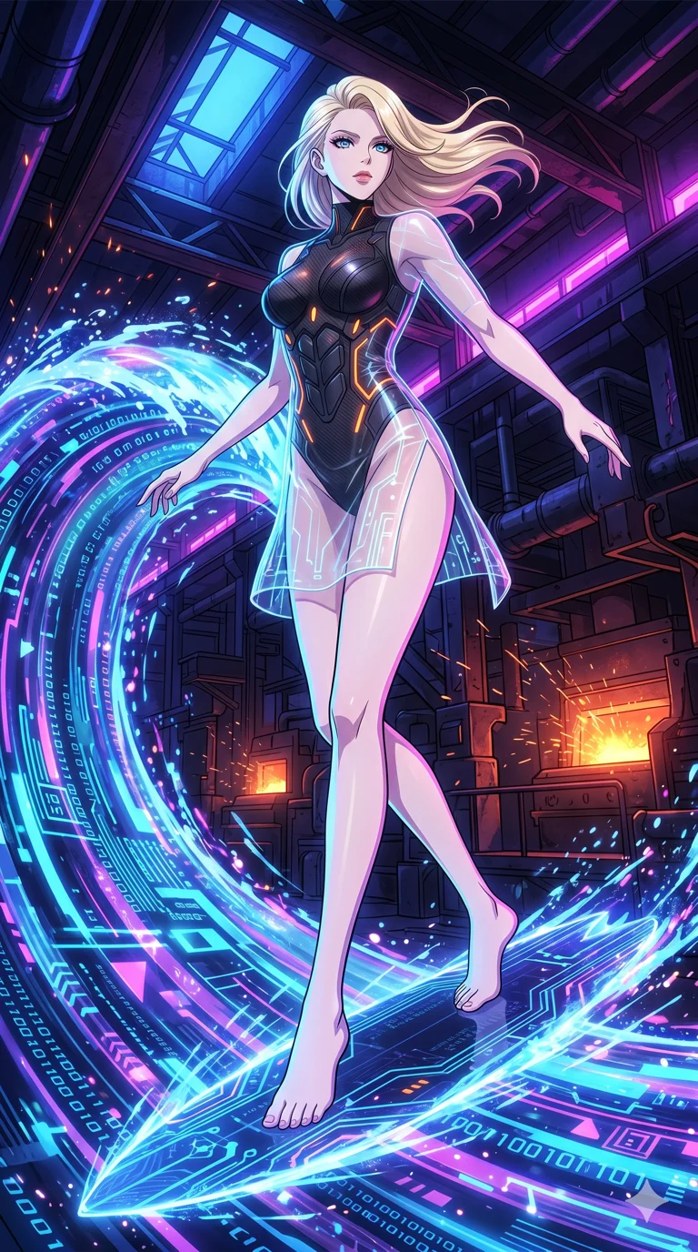 score_9, masterpiece, best quality, ultra-detailed, High-budget Anime Keyframe, vibrant colors, fluid line-art, expressive lighting, cinematic composition, Ufotable-style visual effects, top-tier animation quality, Caucasian woman with pale skin, blonde hair, and (strictly human ears). Cinematic low angle perspective showcasing her towering height and perfect 8-heads proportion. Surfing on a massive wave of pure data within a virtual world, the landscape changing rapidly as she speeds through. She has an absolutely perfect 8-heads proportion, an exceptionally tall and slender female figure with impossibly long slender legs and an ultra-slim waist, her statuesque height and towering silhouette dominating the vertical 9:16 frame. Her face is a masterpiece featuring a sharp v-shaped jawline, high-bridge nose, intricate jewel-like eyes with depth, thick eyelashes, and glossy lips with a natural sheen. She is wearing a Transparent mini-dress with glowing internal circuits and a high-cut structural leotard crafted from Carbon-fiber weave with a high-tech matte finish and integrated glowing filaments, with a dangerous high slit that showcases her impossibly long slender legs. The scene is set in a gritty industrial factory with glowing molten metal, flying sparks, and deep shadows, illuminated by harsh neon light and deep shadows creating a high-contrast noir aesthetic. 2k, ultra detail, master piece, 9:16 ratio