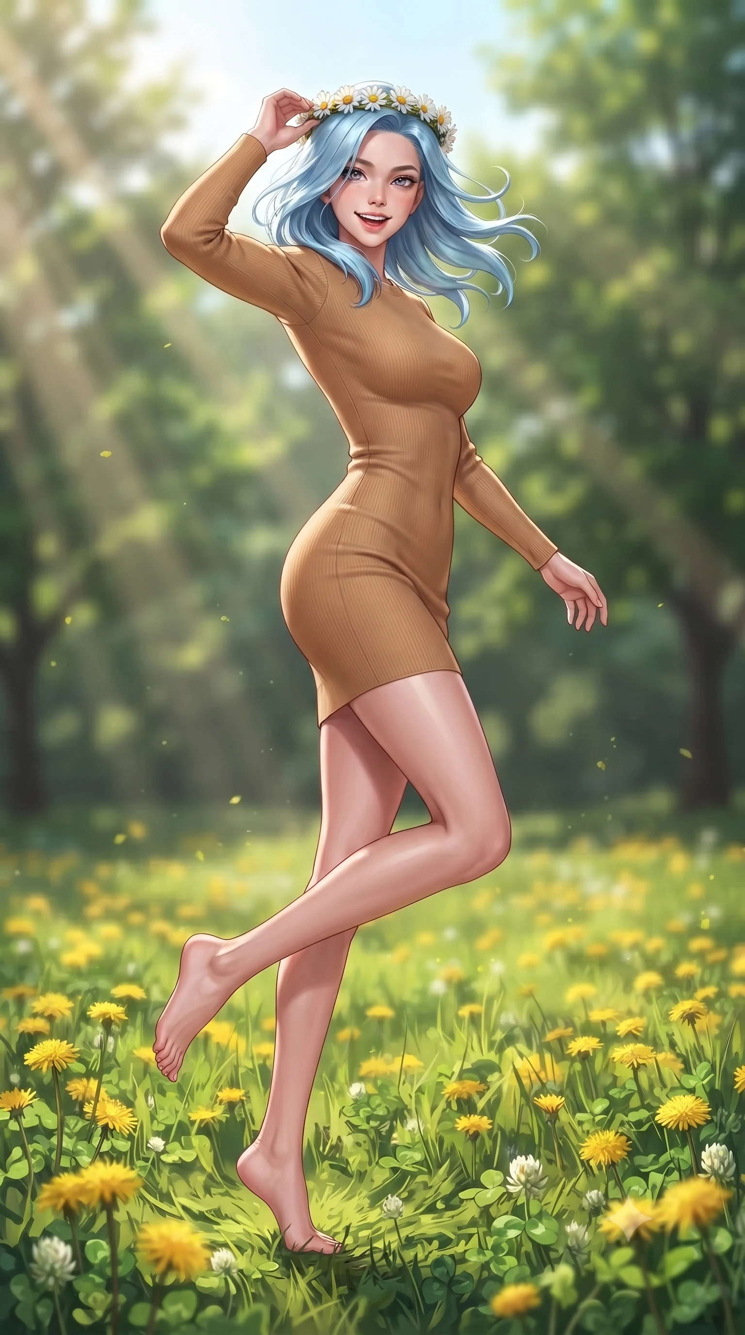 score_9, masterpiece, best quality, ultra-detailed, high-budget anime keyframe, editorial fashion photography, tasteful artistic composition, Korean woman. low angle full-body shot from head to toe showing her feet, filling the entire 9:16 vertical frame with her statuesque presence, stretching her vertical silhouette. twirling around with a playful, sensual laugh, her dress fluttering elegantly to accent her waistline set against a soft-focus background of on a grassy hill covered with yellow dandelions and fresh green clover holding a delicate crown of daisies on her head, smiling cutely. She has an absolutely perfect, statuesque 8.5-heads proportion, an exceptionally tall and slender model-like female figure with impossibly long slender legs and an ultra-slim waist. sharp v-shaped jawline, high-bridge nose, intricate jewel-like eyes with depth, thick eyelashes, glossy lips with a natural sheen. wearing tailored body-hugging long-sleeve knit dress in camel, outlining her slender silhouette. volumetric sunbeams slicing through tree edges onto the grassy meadow. highly saturated vibrant anime colors, detailed shading with soft gradients, rich glossy textures, high-contrast stereoscopic depth, volumetric dynamic lighting, master piece, 9:16 ratio