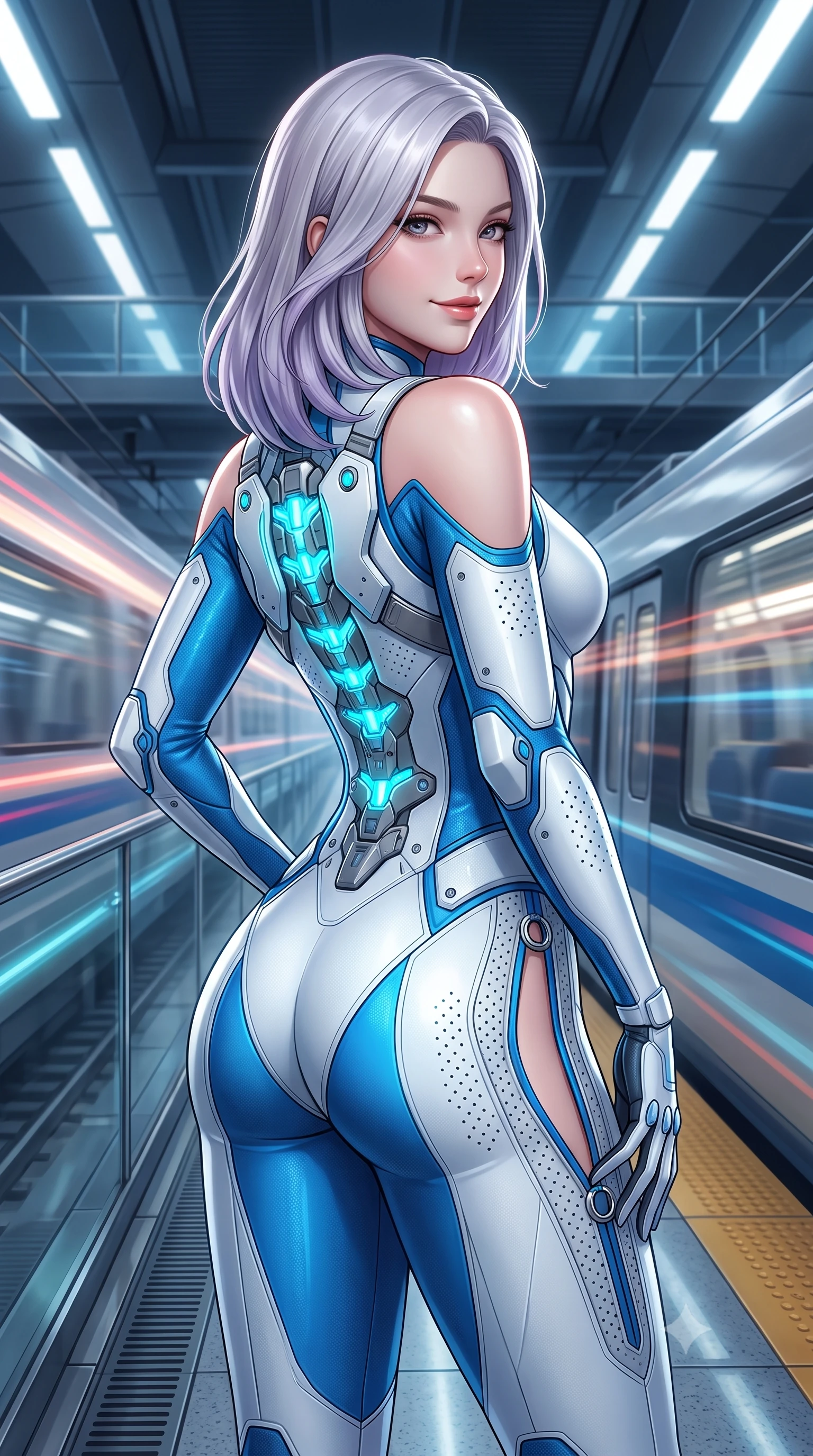 score_9, masterpiece, best quality, ultra-detailed, high-budget anime keyframe, semi-realistic 3D game render, editorial fashion photography, tasteful artistic composition, Caucasian woman. close-up cowboy shot from the waist and thighs up, the character dominates the composition, filling the frame with her large presence. posing in an alluring rear three-quarter angle, turning over a bare shoulder with an intoxicating gaze, her hips cocked back to highlight her slim hourglass curve against the glowing reactor while twisting her slender torso in an alluring S-curve in the rush of air, her aerodynamic combat suit hugging her narrow waist and curvy hips. The surrounding environment is rendered in vivid detail and crisp panoramic clarity: sharp magnetic track coil textures, glass concourse balustrade clarity, and train streamline reflections in deep focus. She has an exceptionally elegant, slender, and willowy female figure with an ultra-slim waist, flat toned midriff, narrow ribcage, and sculpted feminine hips creating an alluring, slim hourglass silhouette without bulk. sharp v-shaped jawline, high-bridge nose, intricate jewel-like sparkling eyes with depth, thick eyelashes, glossy parted lips with a natural sheen, bright confident smile with an enchanting and coquettish sensual glint, exuding both youthful magnetic charm and sovereign high-tech allure, flawlessly proportioned anatomical accuracy, strict slender model proportions, natural body alignment, perfectly sculpted long slender limbs, ultra-slim waistline, clean dynamic posture without body distortion. wearing a form-contouring exo-suit chassis with glowing cyan hydraulic spine braces worn over an ultra-slim bodysuit in arctic snowflake white and electric plasma blue, made of high-grade ballistic nylon with precision laser-cut perforations, finished with sharp laser-cut side ventilation slits framed by silver hardware rings, the form-fitting tactical tailoring adhering flawlessly to her sculpted flat midriff and slender torso, emphasizing her long leg lines and perfectly proportioned willowy build. illuminated by passing train light streaks and sharp platinum rim lights defining her sculpted collarbones, ultra-slim waist, and curvy hips. highly saturated vibrant anime colors, detailed shading with soft gradients, rich glossy textures, high-contrast stereoscopic depth, volumetric dynamic lighting, master piece, 9:16 ratio