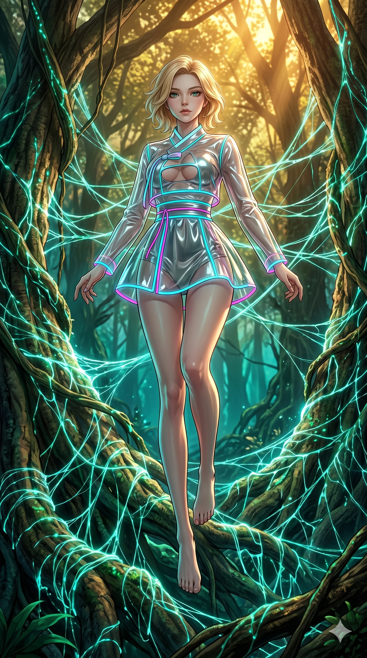 score_9, masterpiece, best quality, ultra-detailed, high-budget anime keyframe, Japanese woman. low angle full-body shot filling the entire 9:16 frame with her statuesque presence, stretching the vertical silhouette. jumping amidst giant ancient tree roots wrapped in trillions of glowing mycelium threads pulsing with emerald and opal light. She has an absolutely perfect 8-heads proportion, an exceptionally tall and slender female figure with impossibly long slender legs and an ultra-slim waist. V-shaped jawline, high-bridge nose, intricate jewel-like eyes with depth, thick eyelashes, glossy lips with a natural sheen.. wearing a vinyl liquid mercury fusion hanbok, featuring a translucent chrome-silver vinyl jeogori and high-waist micro-shorts, detailed with glowing neon wire trims and a tasteful chest slit. showcasing a beautiful play of light and shadow, with warm golden rays clashing against cool cyan highlights. 2k, ultra detail, master piece, 9:16 ratio