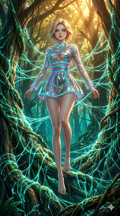 score_9, masterpiece, best quality, ultra-detailed, high-budget anime keyframe, Japanese woman. low angle full-body shot filling the entire 9:16 frame with her statuesque presence, stretching the vertical silhouette. jumping amidst giant ancient tree