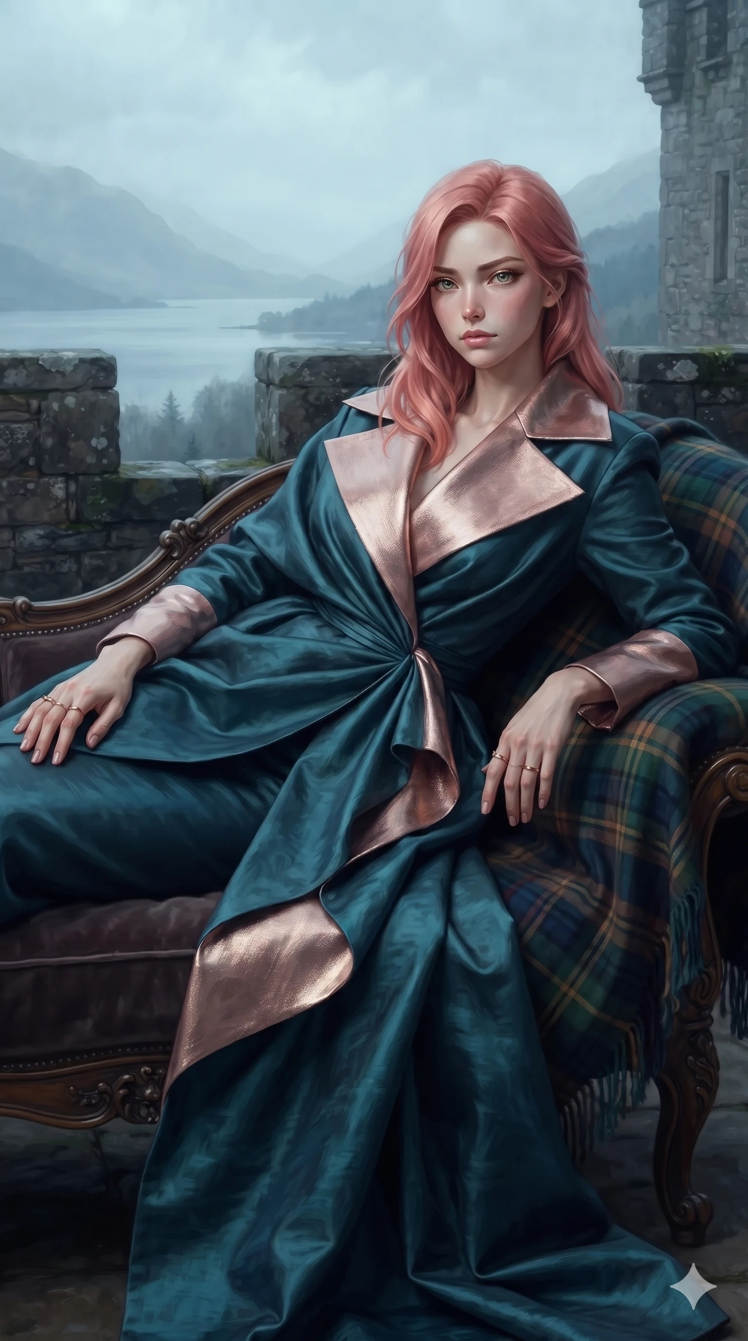 score_9, masterpiece, best quality, ultra-detailed, high-budget anime keyframe, editorial fashion photography, tasteful artistic composition, Japanese woman. close-up cowboy shot from the waist and thighs up, the character dominates the composition, filling the frame with her large presence. perched sideways on the lounge seat, one knee drawn up to showcase her slender leg line while her arched back accentuates her feminine hip curve while reclining against a tartan-draped stone bench on the castle parapet, her slender waist and feminine curves highlighted by dramatic highland light. The surrounding environment is rendered in vivid detail and crisp panoramic clarity: detailed bespoke double-faced cashmere tailoring, rich textural contrasts, and monumental fortress architecture in razor-sharp precision. She has an exceptionally elegant, slender, and willowy female figure with an ultra-slim waist, flat toned midriff, narrow ribcage, and sculpted feminine hips creating an alluring, slim hourglass silhouette without bulk. sharp v-shaped jawline, high-bridge nose, intricate jewel-like eyes with depth, thick eyelashes, glossy parted lips with a natural sheen, intensely captivating and seductive bedroom-eyes expression, flawlessly proportioned anatomical accuracy, strict slender model proportions, natural body alignment, perfectly sculpted long slender limbs, ultra-slim waistline, clean dynamic posture without body distortion. wearing a high-fashion draped silk faille opera coat with geometric lapels and interior silk satin lining in Venetian aquamarine silk and rose gold, crafted from bespoke double-faced cashmere with an exceptionally soft tactile finish, finished with sleek magnetic buckle closures fluttering in the breeze, the bespoke structured tailoring following the natural line of her 8.5-heads silhouette with refined elegance. illuminated by cool misty ambient loch light softly contouring her razor-sharp jawline, narrow waist, and curvy hips. ultra-reflective glossy finish, specular highlights, rich textural contrasts, high-contrast stereoscopic depth, volumetric dynamic lighting, 2k, ultra detail, master piece, 9:16 ratio
