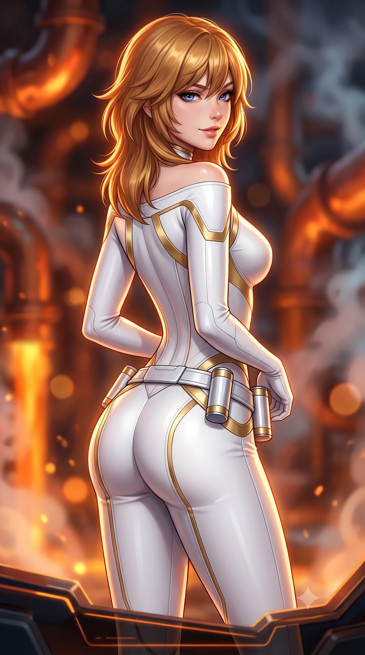 score_9, masterpiece, best quality, ultra-detailed, high-budget anime keyframe, semi-realistic 3D game render, editorial fashion photography, tasteful artistic composition, Korean woman. close-up cowboy shot from the waist and thighs up, the character dominates the composition, filling the frame with her large presence. turning slowly with a smoldering smile, her sleek hair catching the cockpit HUD rim light as her hips angle gracefully in a captivating contrapposto while twisting her slender torso in an alluring contrapposto stance, molten geothermal heat and cool atmosphere vents tracing her hourglass silhouette. The background shows a soft-focus roaring geothermal plasma conduits and swirling subterranean steam blurred into fiery orange, amber, and deep copper bokeh. She has an exceptionally elegant, slender, and willowy female figure with an ultra-slim waist, flat toned midriff, narrow ribcage, and sculpted feminine hips creating an alluring, slim hourglass silhouette without bulk. sharp v-shaped jawline, high-bridge nose, intricate jewel-like sparkling eyes with depth, thick eyelashes, glossy parted lips with a natural sheen, bright confident smile with an enchanting and coquettish sensual glint, exuding both youthful magnetic charm and sovereign high-tech allure, flawlessly proportioned anatomical accuracy, strict slender model proportions, natural body alignment, perfectly sculpted long slender limbs, ultra-slim waistline, clean dynamic posture without body distortion. wearing a form-fitting white-and-gold zero-gravity EVA jumpsuit with an ultra-slim corseted waist and exposed clavicle line in pure alabaster white and brushed silver accents, made of supple second-skin compression stretch jersey clinging flawlessly to her form, accented with a sleek utility belt with polished magnetic canisters resting loosely on her curvy hips, the aerodynamic second-skin silhouette tightly following the natural contour of her hips and long slender legs with youthful 8.5-heads elegance. bathed in dynamic fiery orange and molten amber glow from geothermal pipes contrasting with cool shadows. highly saturated vibrant anime colors, detailed shading with soft gradients, rich glossy textures, high-contrast stereoscopic depth, volumetric dynamic lighting, master piece, 9:16 ratio