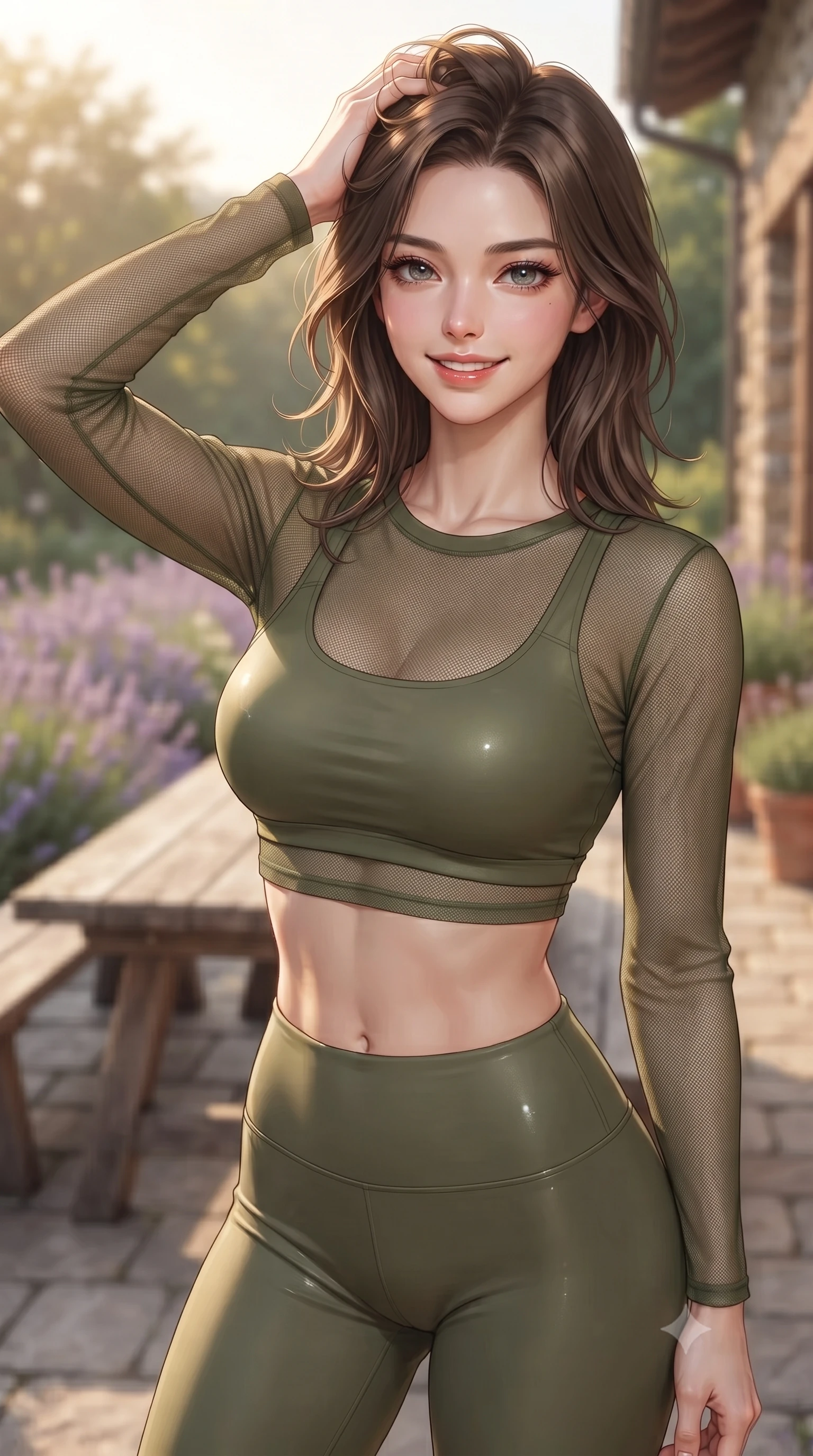 score_9, masterpiece, best quality, ultra-detailed, high-budget anime keyframe, editorial fashion photography, tasteful artistic composition, Korean woman woman. close-up cowboy shot from the waist and thighs up, the character dominates the composition, filling the frame with her large presence, background elements kept in soft focus. smiling with quiet, magnetic self-assurance directly into the camera, running a hand through her hair the background shows a soft-focus a lavender-lined stone patio of a private country house, with a rustic wooden table. She has an exceptionally elegant, slender, and willowy female figure with an ultra-slim waist, a gracefully sculpted slender torso, and a refined silhouette. sharp v-shaped jawline, high-bridge nose, intricate jewel-like eyes with depth, thick eyelashes, glossy lips with a natural sheen. wearing a body-hugging sheer mesh long-sleeve crop top in olive green, worn over a matching sports bra and leggings. soft golden afternoon sunbeams, casting a peaceful country glow. ultra-reflective glossy finish, specular highlights, metallic sheen, high-contrast stereoscopic depth, volumetric dynamic lighting, 2k, ultra detail, master piece, 9:16 ratio