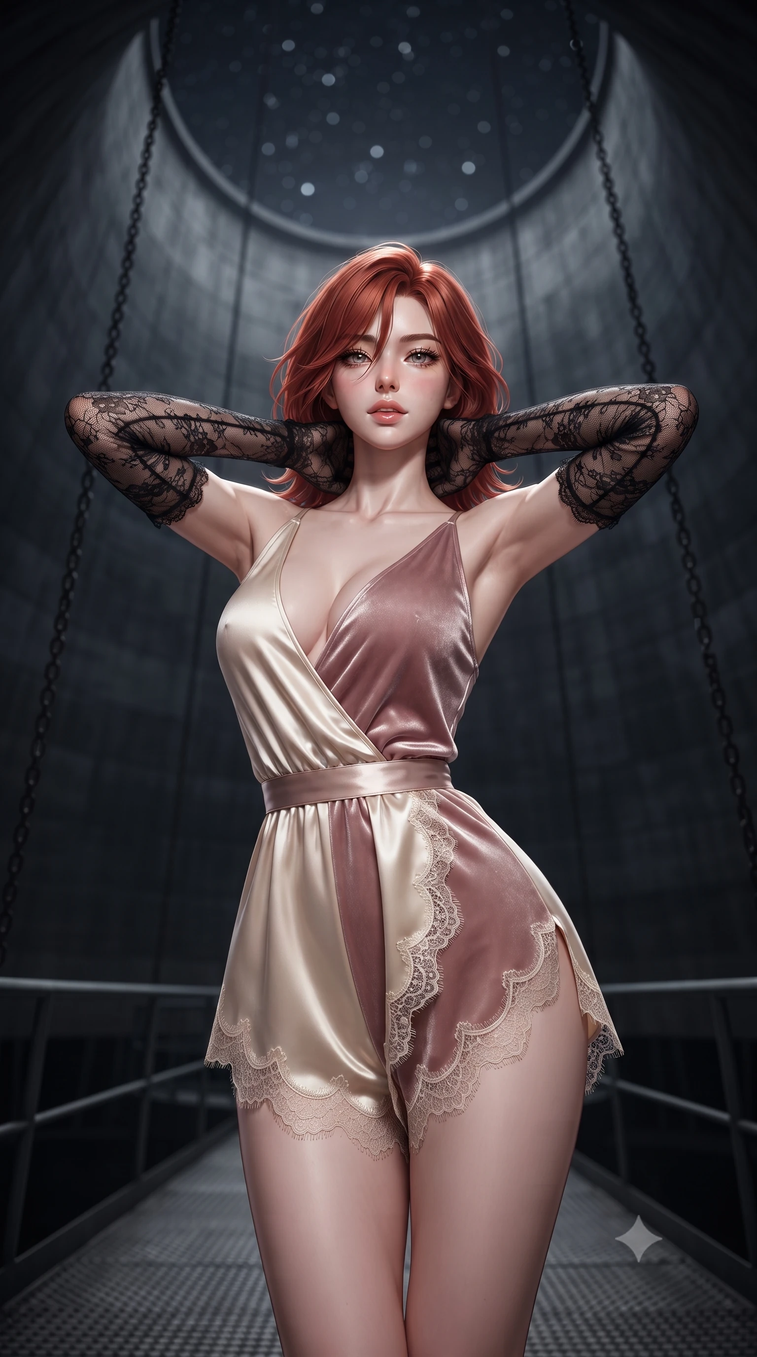 score_9, masterpiece, best quality, ultra-detailed, high-budget anime keyframe, editorial fashion photography, tasteful artistic composition, Korean woman. close-up cowboy shot from the waist and thighs up, the character dominates the composition, filling the frame with her large presence. resting both hands lightly behind her neck with elbows raised, arching her spine to highlight her narrow waist, flat midriff, and breathtaking collarbones while standing centered on the circular metal catwalk inside the colossal hyperboloid cooling tower, arching her back toward the starry sky above. The background shows a soft-focus the towering curving concrete walls of the cooling tower, hanging chains, and star-filled circular opening blurred into charcoal, slate, and starlight bokeh. She has an exceptionally elegant, slender, and willowy female figure with an ultra-slim waist, flat toned midriff, narrow ribcage, and sculpted feminine hips creating an alluring, slim hourglass silhouette without bulk. sharp v-shaped jawline, high-bridge nose, sparkling eyes with hypnotic seductive depth, thick curled eyelashes, glossy parted lips with a natural dewy peach sheen, alluring bedroom-eyes with an enchanting coquettish smile, exuding magnetic siren charisma and sophisticated glamour, flawlessly proportioned anatomical accuracy, strict slender model proportions, natural body alignment, perfectly sculpted long slender limbs, ultra-slim waistline, clean dynamic posture without body distortion. wearing a deep V-neck silk satin ballerina romper with scalloped eyelash-lace hems and a cinched satin waist ribbon in powder champagne cream and dusty rose velvet, woven from buttery-soft stretch lambskin leather adhering to her body like a second skin, complemented by sheer opera-length lace evening gloves tracing her slender arms, the high-slit wrap tailoring accentuating her ultra-slim waistline and the enchanting curve of her feminine hips with alluring seductive charm. illuminated by concrete bounce fill and sharp cold-platinum rim lights sculpting her razor-sharp jawline, narrow waist, and curvy hips. ultra-reflective glossy finish, specular highlights, rich textural contrasts, high-contrast stereoscopic depth, volumetric dynamic lighting, 2k, ultra detail, master piece, 9:16 ratio