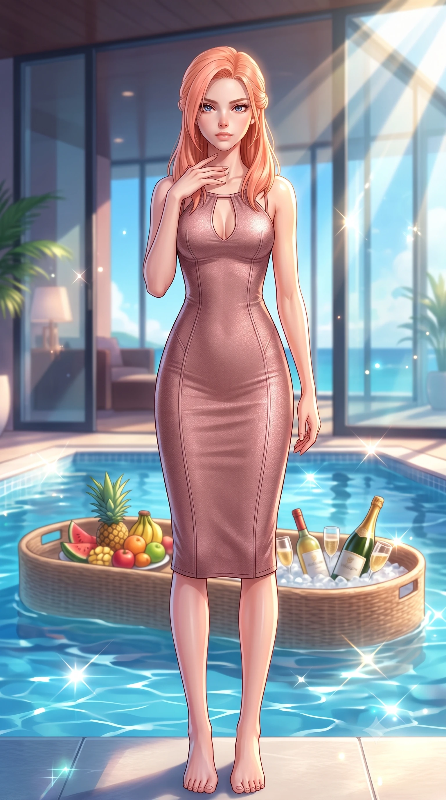 score_9, masterpiece, best quality, ultra-detailed, high-budget anime keyframe, editorial fashion photography, tasteful artistic composition, Japanese woman. low angle full-body shot from head to toe showing her feet, filling the entire 9:16 vertical frame with her statuesque presence, stretching her vertical silhouette. posing cutely yet provocatively, resting one hand against her collarbone while gazing deeply into the lens set against a soft-focus background of inside an exclusive cocktail lounge with a floating pool tray of tropical fruits and chilled wine in soft focus. She has an absolutely perfect, statuesque 8.5-heads proportion, an exceptionally tall and slender model-like female figure with impossibly long slender legs and an ultra-slim waist. sharp v-shaped jawline, high-bridge nose, intricate jewel-like eyes with depth, thick eyelashes, glossy lips with a natural sheen. wearing tailored dusty rose metallic jersey body-hugging knit midi dress with a tasteful keyhole neckline cutout and thin shoulder straps featuring refined tailored seams. lit by crisp morning sun rays creating sparkling glints on polished glass and water. highly saturated vibrant anime colors, detailed shading with soft gradients, rich glossy textures, high-contrast stereoscopic depth, volumetric dynamic lighting, master piece, 9:16 ratio
