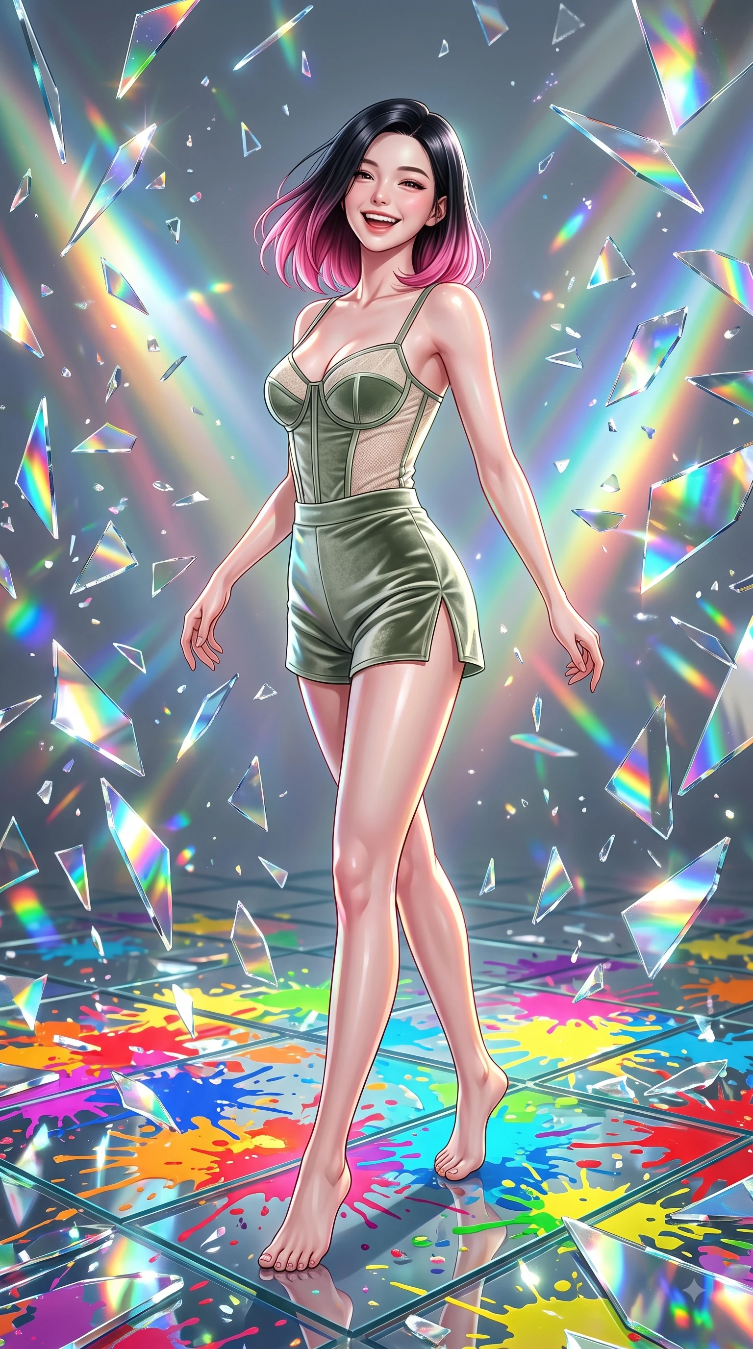 score_9, masterpiece, best quality, ultra-detailed, high-budget anime keyframe, editorial fashion photography, tasteful artistic composition, Korean woman. low angle full-body shot from head to toe showing her feet, filling the entire 9:16 vertical frame with her statuesque presence, stretching her vertical silhouette. pivoting dynamically in zero-gravity with a delighted laughing expression, displaying her perfect model proportions while pivoting gracefully on a reflective glass floor drenched in vibrant multi-color paint splashes, shattered mirror shards scattering brilliant rainbow reflections and happy energy everywhere. She has an absolutely perfect, statuesque 8.5-heads proportion, an exceptionally tall and slender model-like female figure with impossibly long slender legs and an ultra-slim waist. sharp v-shaped jawline, high-bridge nose, intricate jewel-like eyes with depth, thick eyelashes, glossy lips with a natural sheen, flawlessly proportioned anatomical accuracy, natural body alignment, perfectly sculpted elegant limbs, clean dynamic posture without body distortion. wearing a delicate see-through mesh top with structured cup boning and micro-shorts in sage green and oatmeal, made of premium stretch velvet with a rich sheen, finished with a sleek side slit ascending to mid-thigh, the form-contouring material highlighting her ultra-slim waist and long lines. illuminated by brilliant multi-color rainbow light refracting through glass prisms. ultra-reflective glossy finish, specular highlights, metallic sheen, high-contrast stereoscopic depth, volumetric dynamic lighting, 2k, ultra detail, master piece, 9:16 ratio