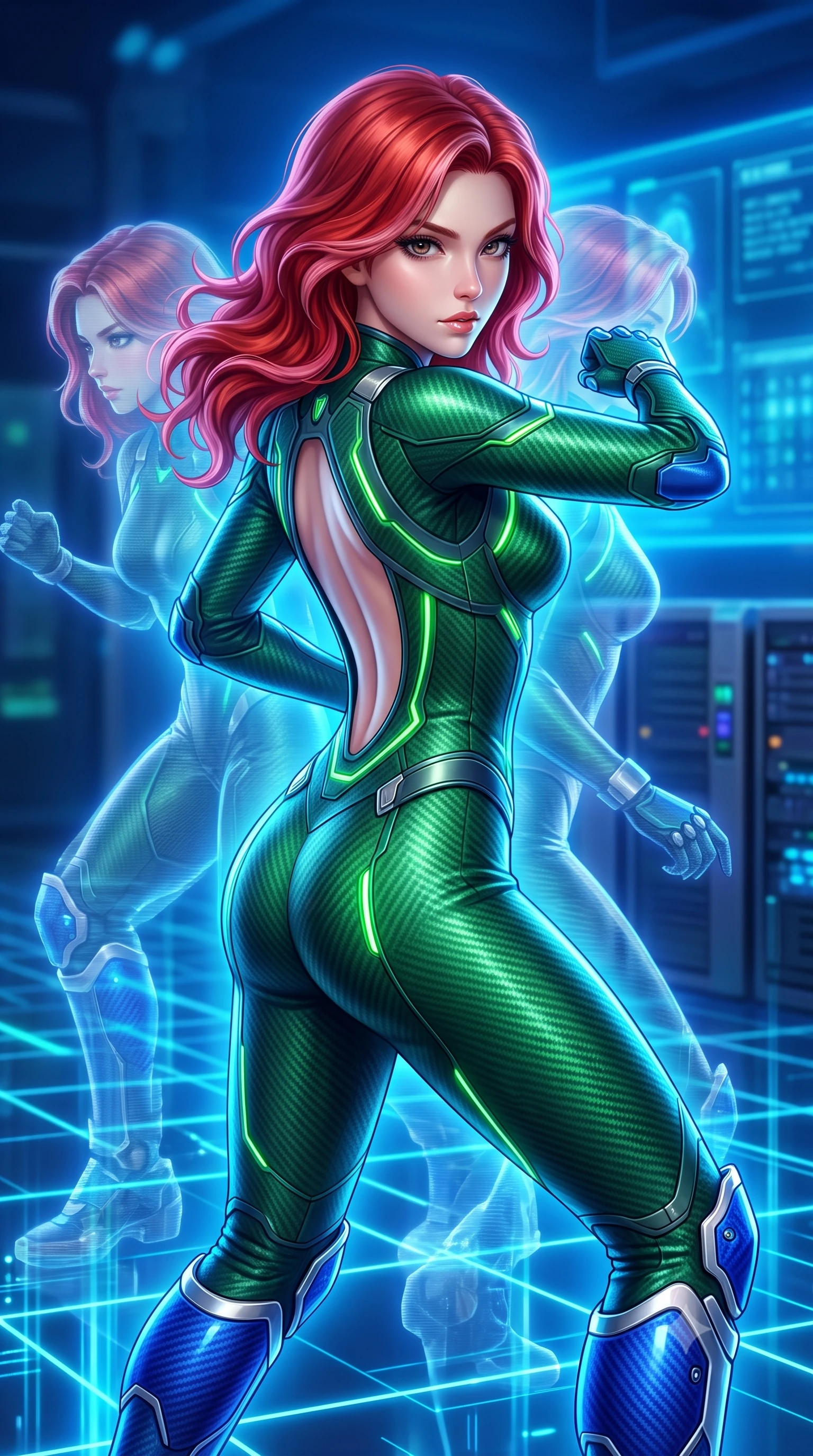 score_9, masterpiece, best quality, ultra-detailed, high-budget anime keyframe, semi-realistic 3D game render, editorial fashion photography, tasteful artistic composition, Caucasian woman. close-up cowboy shot from the waist and thighs up, the character dominates the composition, filling the frame with her large presence. in a razor-sharp Panzer Kunst fighting guard, one hand extended with palm open in fluid kinetic tension, captivating jewel-like eyes locked onto the viewer with dangerous focus while shifting at supersonic speed across a glowing quantum grid floor, leaving translucent holographic after-images in her wake. The composition keeps background elements in soft focus with creamy bokeh. supercomputer processor towers and holographic interface walls softened in dreamy atmospheric depth. She has an exceptionally elegant, slender, and willowy female figure with an ultra-slim waist, a gracefully sculpted slender torso, toned flat midriff, and a refined slim silhouette. sharp v-shaped jawline, high-bridge nose, intricate jewel-like eyes with depth, thick eyelashes, glossy lips with a natural sheen, flawlessly proportioned anatomical accuracy, strict slender model proportions, natural body alignment, perfectly sculpted long slender limbs, ultra-slim waistline, clean dynamic posture without body distortion. wearing a tailored emerald-green carbon-fiber tactical jumpsuit with glowing lime LED channels, open cowl back, and reinforced combat shin-guards in electric cobalt blue carbon with polished platinum trim, crafted from ultra-strong woven carbon-fiber composite with a satin luster, finished with high-mobility flexible limb seams and miniature magnetic armor locks, the liquid-tight tailored fabric emphasizing every curve of her tall, slender model proportions and sculptured silhouette during dynamic movement. bathed in glowing electric sapphire and cyan data stream illumination with rich ambient blue fill. rich saturated anime colors with glowing neon highlights, detailed shading with soft gradients, rich glossy textures, high-contrast stereoscopic depth, volumetric dynamic lighting, master piece, 9:16 ratio