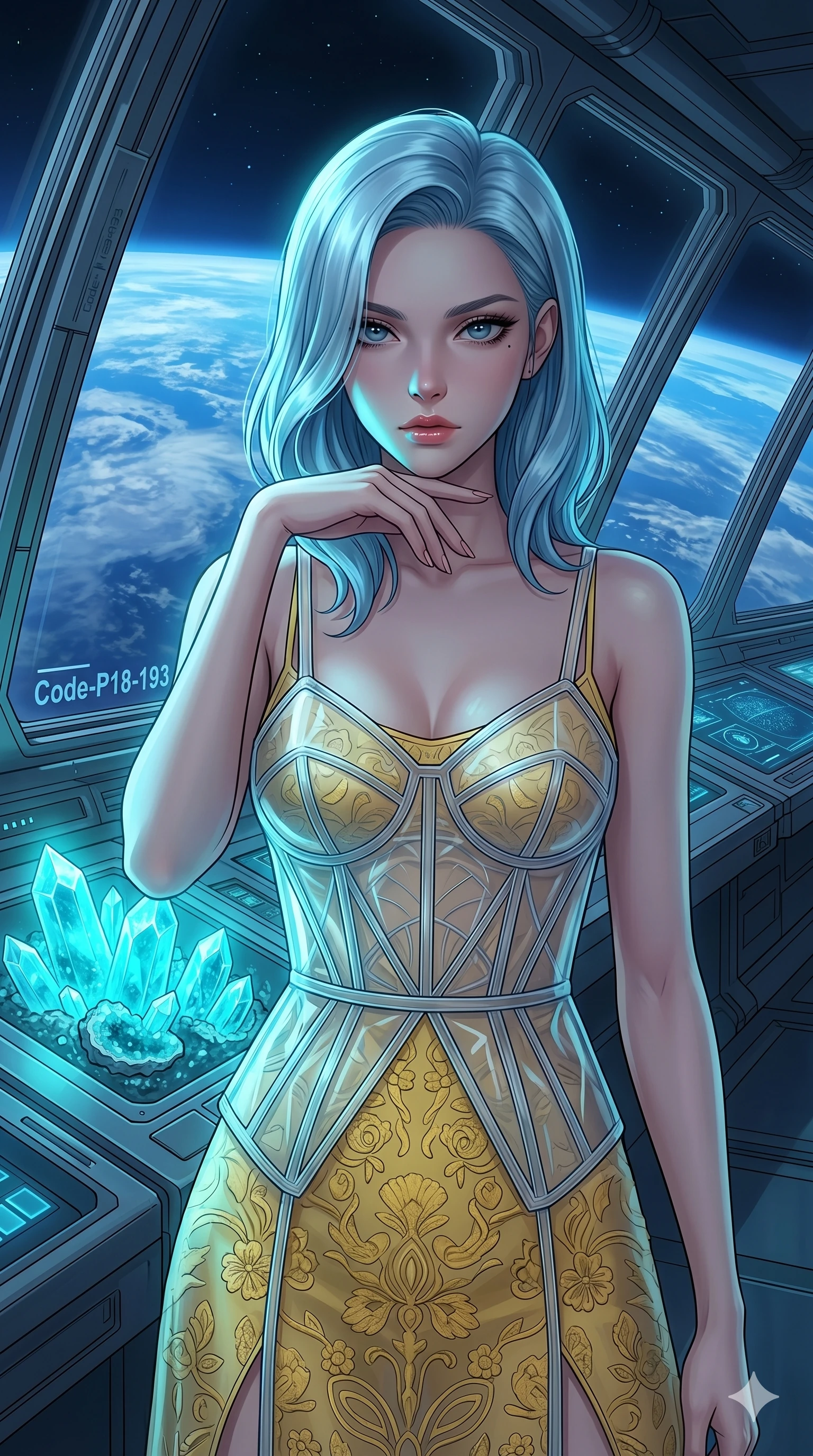 score_9, masterpiece, best quality, ultra-detailed, high-budget anime keyframe, editorial fashion photography, tasteful artistic composition, Korean woman. cowboy shot from the thighs up, character and outfit filling the frame for maximum editorial presence. resting her chin on her fingers, casting a composed quiet, intense gaze beneath thick lashes inside a space station observatory deck showing the blue curvature of Earth (Code-P18-193). She has an absolutely perfect 8-heads proportion, an exceptionally tall and slender female figure with impossibly long slender legs and an ultra-slim waist. V-shaped jawline, high-bridge nose, intricate jewel-like eyes with depth, thick eyelashes, glossy lips with a natural sheen. wearing a translucent polymer structured bodice over a yellow patterned embroidery slip dress. mystical cyan glow from the crystal geodes, creating a strong contrast with the shadow. 2k, ultra detail, master piece, 9:16 ratio