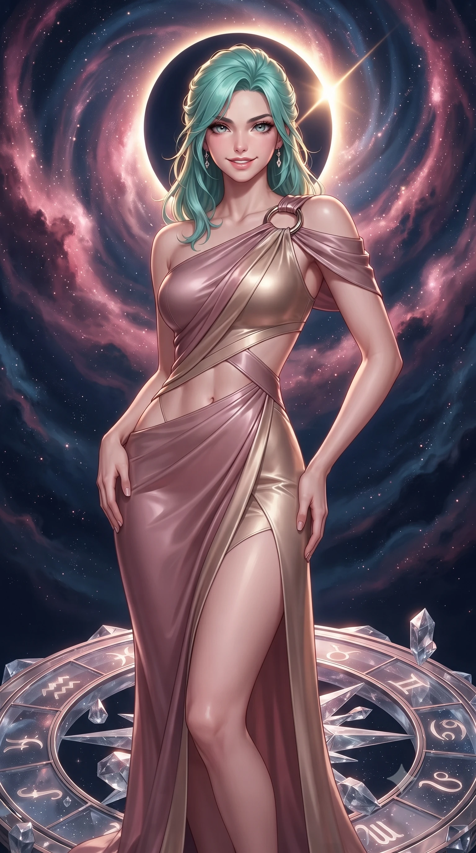 score_9, masterpiece, best quality, ultra-detailed, high-budget anime keyframe, editorial fashion photography, tasteful artistic composition, Japanese woman. close-up cowboy shot from the waist and thighs up, the character dominates the composition, filling the frame with her large presence, background elements kept in soft focus. Smiling with quiet, magnetic self-assurance directly into the lens standing on a floating zodiac dial beneath a swirling spiral nebula, a cosmic eclipse casting brilliant golden rim highlights. She has an exceptionally elegant, slender, and willowy female figure with an ultra-slim waist, a gracefully sculpted slender torso, and a refined silhouette. sharp v-shaped jawline, high-bridge nose, intricate jewel-like eyes with depth, thick eyelashes, glossy lips with a natural sheen. wearing an asymmetrical Grecian draped chiffon gown with a metallic shoulder ring in dusty rose and champagne gold, formed from sleek second-skin neoprene, featuring subtle geometric cutouts that highlight her ultra-slim midriff, the sleek second-skin texture accentuating her magnetic presence. bathed in radiant cosmic pink and deep navy blue ambient light. ultra-reflective glossy finish, specular highlights, metallic sheen, high-contrast stereoscopic depth, volumetric dynamic lighting, 2k, ultra detail, master piece, 9:16 ratio
