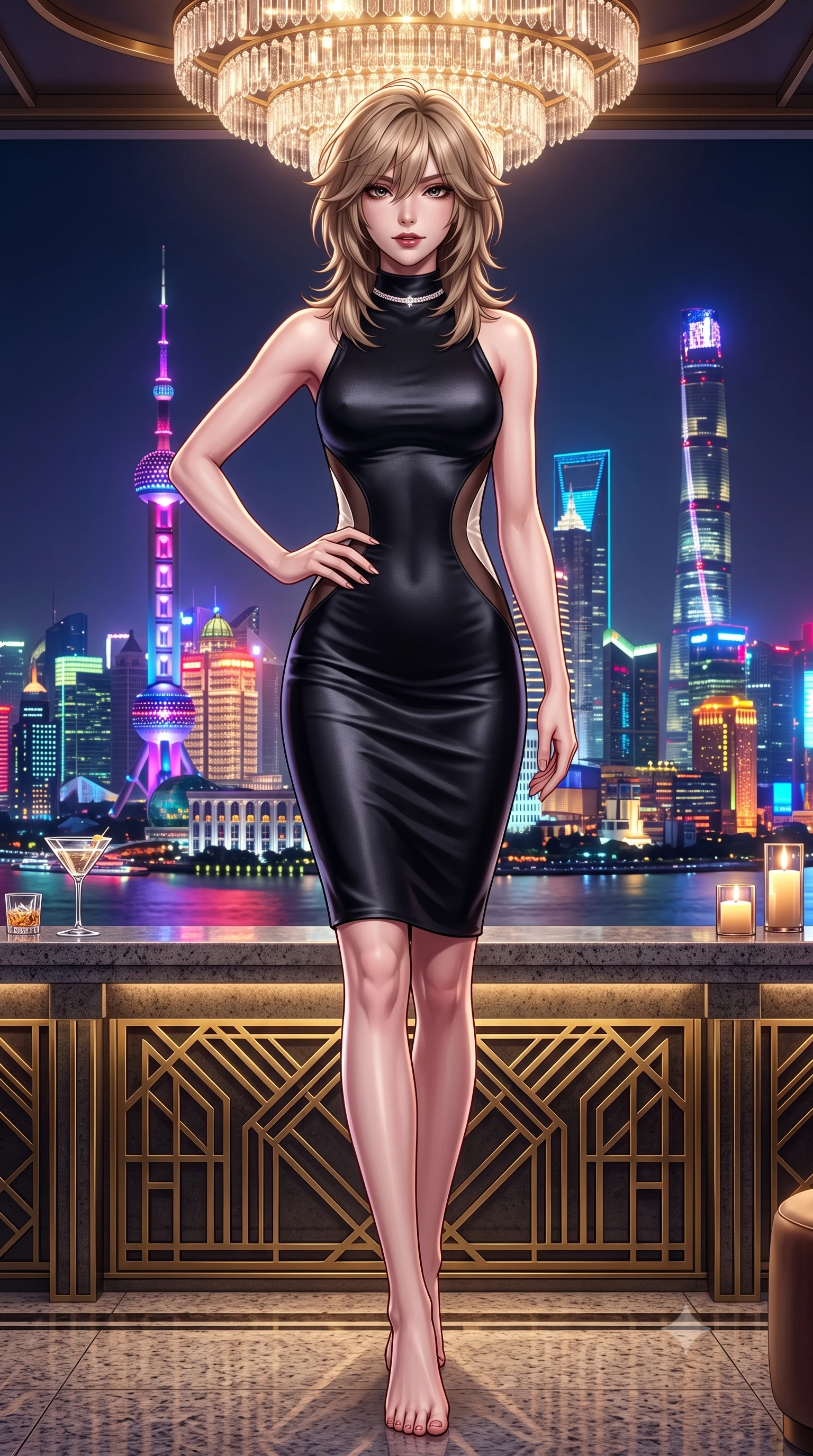 score_9, masterpiece, best quality, ultra-detailed, high-budget anime keyframe, semi-realistic 3D game render, editorial fashion photography, tasteful artistic composition, Japanese woman. low angle full-body shot from head to toe showing her feet, filling the entire 9:16 vertical frame with her statuesque presence, stretching her vertical silhouette. pausing mid-stride beneath the grand chandelier with one hand resting on her narrow waist, her arched hips and statuesque 8.5-heads presence commanding the 9:16 vertical frame while standing poised at the granite balustrade of a high Bund rooftop, arching her back with sovereign poise against the colossal neon Pudong skyline across the river. The surrounding environment is rendered in vivid detail and crisp panoramic clarity. sharp art deco brass geometric relief, polished riverfront granite texture, and crystal cocktail glass clarity in deep focus. She has an exceptionally tall and slender model-like 8.5-heads proportion, an ultra-slim waist, a flat toned midriff, narrow delicate ribcage, and beautifully sculpted feminine hips creating a graceful, slim hourglass silhouette without any bulky heaviness, with impossibly long slender legs. sharp v-shaped jawline, high-bridge nose, intricate jewel-like dark sparkling eyes with dangerous depth, thick curled eyelashes, glossy parted lips with a rich wine sheen, smoldering seductive half-smile with bedroom-eyes, exuding effortless superiority and intoxicating dark allure, flawlessly proportioned anatomical accuracy, strict slender model proportions, natural body alignment, perfectly sculpted long slender limbs, ultra-slim waistline, clean dynamic posture without body distortion. wearing a high-neck sleeveless bodycon dress in textured matte obsidian with side-torso semi-sheer mesh inserts in dark espresso brown and pearlescent ivory, crafted from heavy fluid silk satin with a liquid mirror-like drape, finished with a delicate diamond choker catching the chandelier light, the liquid-tight tailored fabric clinging flawlessly to her narrow waist and rounded feminine hips, emphasizing every millimeter of her sculpted slim hourglass curves without any bulky heaviness. bathed in dramatic neon riverfront ambient bounce and warm terrace candle highlights. highly saturated vibrant anime colors, detailed shading with soft gradients, rich glossy textures, high-contrast stereoscopic depth, volumetric dynamic lighting, master piece, 9:16 ratio