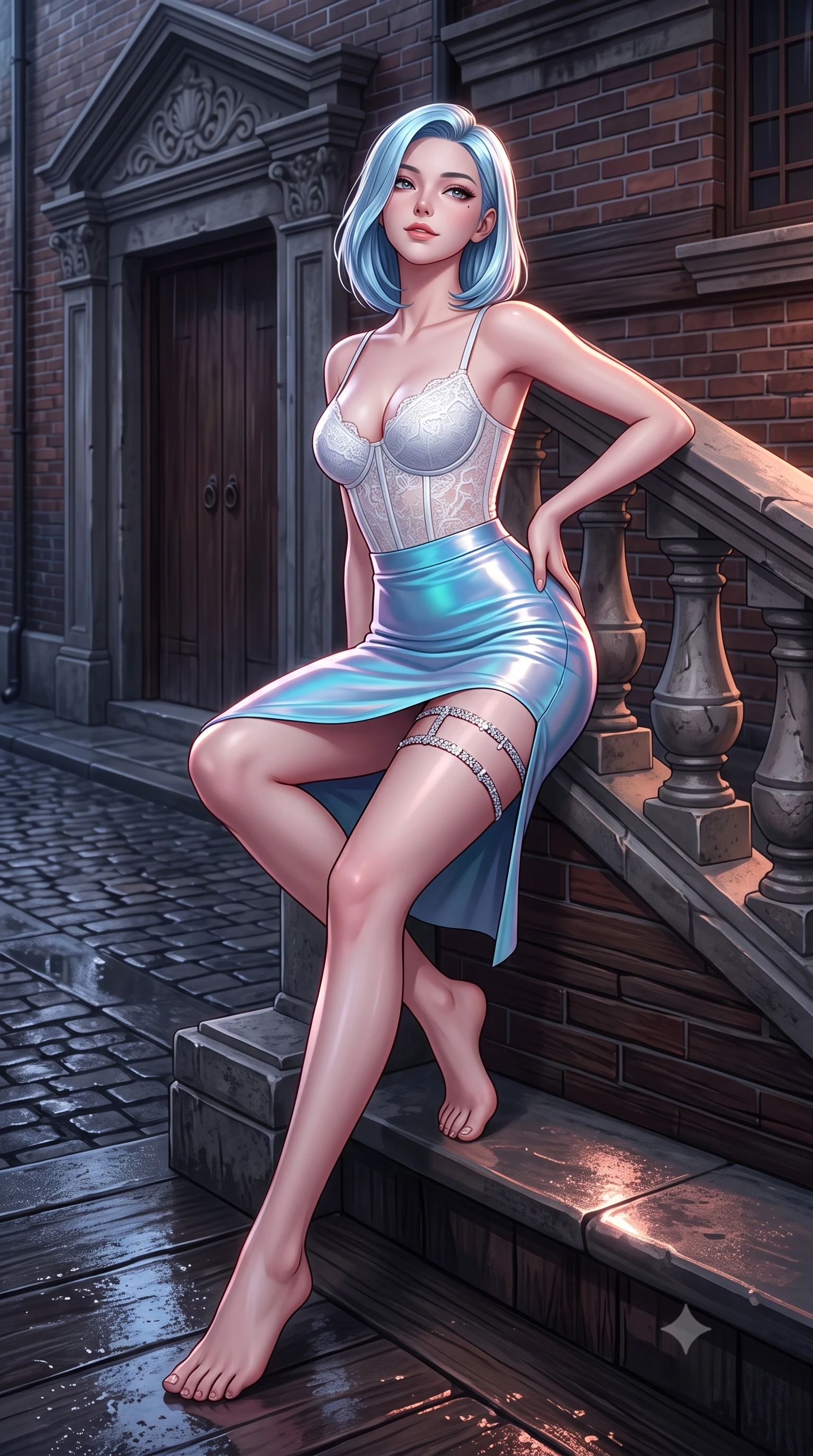 score_9, masterpiece, best quality, ultra-detailed, high-budget anime keyframe, semi-realistic 3D game render, editorial fashion photography, tasteful artistic composition, Korean woman. low angle full-body shot from head to toe showing her feet, filling the entire 9:16 vertical frame with her statuesque presence, stretching her vertical silhouette. sitting poised on the stone steps with one knee bent, arching her spine with supermodel elegance as she glances upward through thick eyelashes while leaning against the carved stone balustrade with hips cocked back, looking down at cobblestone alleyways with smoldering bedroom-eyes. The surrounding environment is rendered in vivid detail and crisp panoramic clarity: sharp Shikumen carved stone pediment lintels, traditional brick bond masonry, and wet timber plank grain in deep focus. She has an exceptionally tall and slender model-like 8.5-heads proportion, an ultra-slim waist, a flat toned midriff, narrow delicate ribcage, and beautifully sculpted feminine hips creating a graceful, slim hourglass silhouette without any bulky heaviness, with impossibly long slender legs. sharp v-shaped jawline, high-bridge nose, intricate jewel-like sparkling eyes with depth, thick eyelashes, glossy parted lips with a natural peach sheen, bright cheerful beaming smile with an enchanting and coquettish sensual glint, exuding both youthful cute charm and seductive allure, flawlessly proportioned anatomical accuracy, strict slender model proportions, natural body alignment, perfectly sculpted long slender limbs, ultra-slim waistline, clean dynamic posture without body distortion. wearing a sculpted underwire corset in sheer frost-white Chantilly lace paired with a high-waisted sheer mesh pencil skirt with back slit in Neo-Carthage holographic cyan and solar chrome, made of fluid liquid jersey with seamless sculpting hold and smooth contours, finished with delicate crystal-encrusted thigh garter straps glinting in the dim light, the high-slit wrap tailoring accentuating her ultra-slim waistline and the enchanting curve of her feminine hips with alluring seductive charm. illuminated by wet ground specular highlights and sharp rose-gold rim lights sculpting her jawline, flat midriff, and curvy hips. highly saturated vibrant anime colors, detailed shading with soft gradients, rich glossy textures, high-contrast stereoscopic depth, volumetric dynamic lighting, master piece, 9:16 ratio