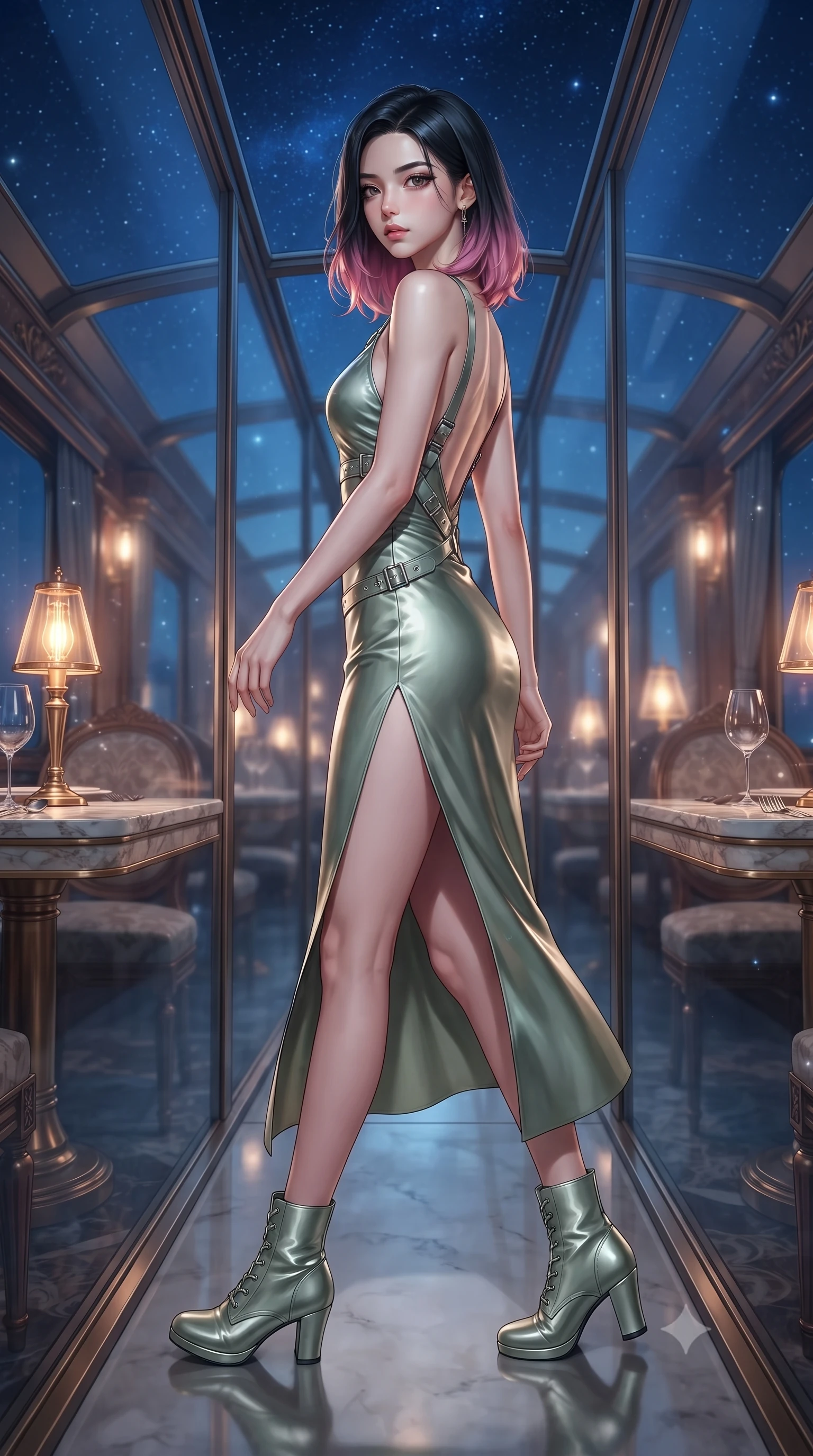 score_9, masterpiece, best quality, ultra-detailed, high-budget anime keyframe, editorial fashion photography, tasteful artistic composition, Korean woman. low angle full-body shot from head to toe showing her feet, filling the entire 9:16 vertical frame with her statuesque presence, stretching her vertical silhouette. walking slowly along a glass skybridge, looking back over her shoulder with an air of effortless grace, the background shows a soft-focus a train dining car with marble tables, brass lamps, and wine glasses. She has an absolutely perfect, statuesque 8.5-heads proportion, an exceptionally tall and slender model-like female figure with impossibly long slender legs and an ultra-slim waist. sharp v-shaped jawline, high-bridge nose, intricate jewel-like eyes with depth, thick eyelashes, glossy lips with a natural sheen. wearing a body-hugging lightweight silk combat slip dress in sage green, featuring a high side slit and a low-cut back. warm glowing table lamps contrasting with cool blue starlight outside. ultra-reflective glossy finish, specular highlights, metallic sheen, high-contrast stereoscopic depth, volumetric dynamic lighting, 2k, ultra detail, master piece, 9:16 ratio
