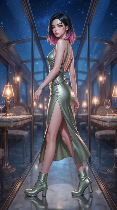 score_9, masterpiece, best quality, ultra-detailed, high-budget anime keyframe, editorial fashion photography, tasteful artistic composition, Korean woman. low angle full-body shot from head to toe showing her feet, filling the entire 9:16 vertical f