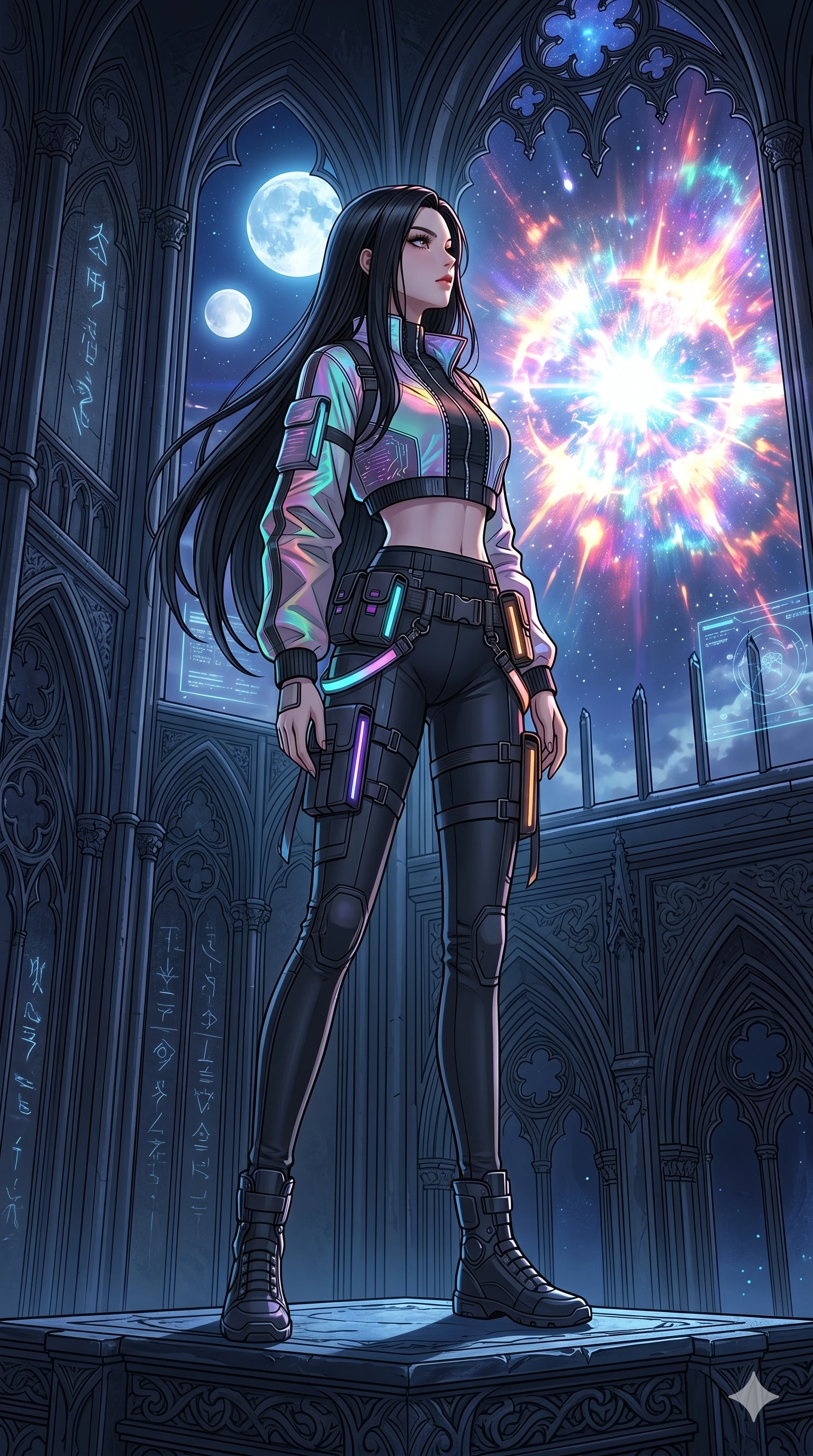 score_9, masterpiece, best quality, ultra-detailed, high-budget anime movie keyframe, cinematic anime lighting, intricate line art, Caucasian (strictly human ears) anime girl. Dynamic full-body shot stretching the vertical silhouette across the 9:16 frame. observing a supernova in a gothic obsidian tower under a twin-moon sky. She has an absolutely perfect 8-heads proportion, an exceptionally tall and slender female figure with an ultra-slim waist and impossibly long slender legs. sharp v-shaped jawline, high-bridge nose, intricate jewel-like eyes, thick eyelashes, glossy lips. Wearing modern urban tech-wear ensemble with a cropped reflective bomber jacket, ultra-slim high-waisted cargo leggings, and tactical harness with neon-lit pouches. The scene is illuminated by dramatic atmospheric lighting and vibrant color palettes. 2k, ultra detail, master piece, 9:16 ratio
