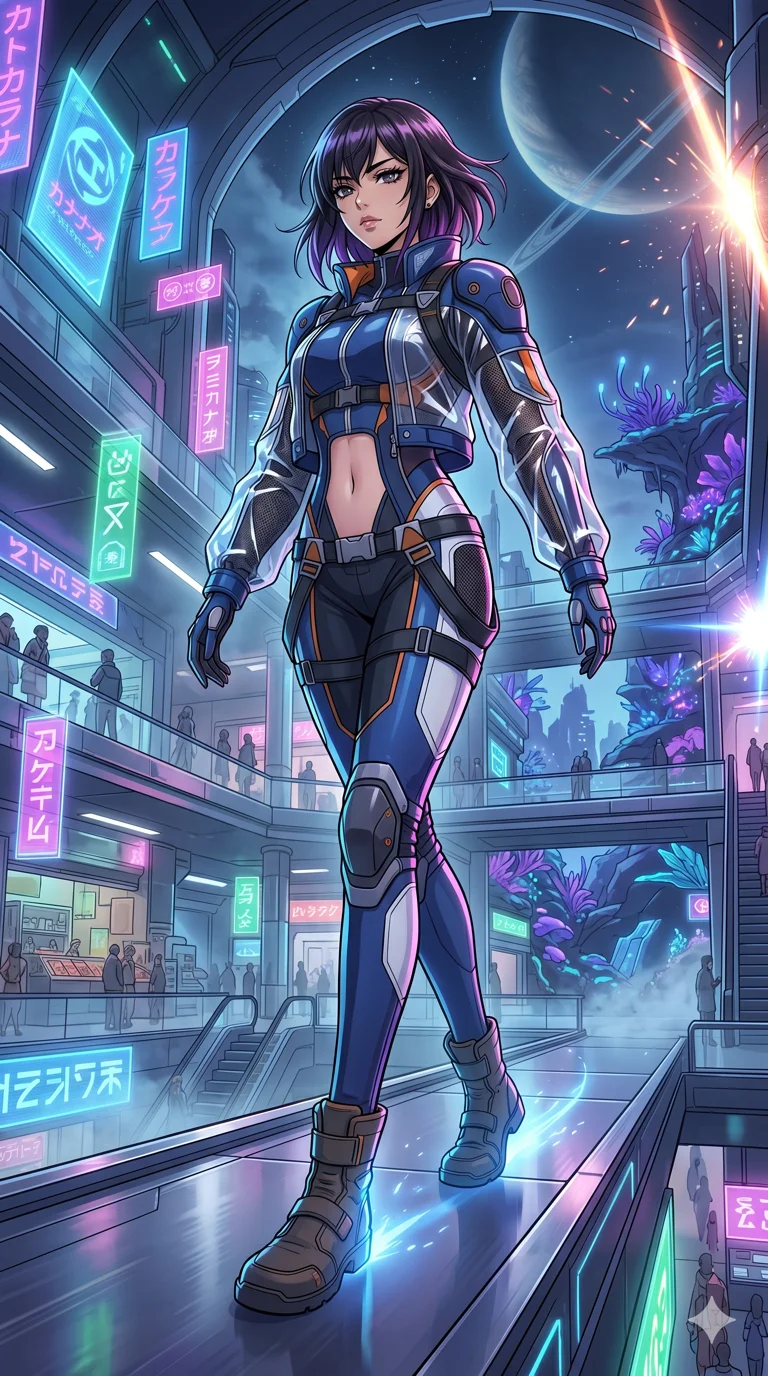 score_9, masterpiece, best quality, ultra-detailed, High-budget Anime Keyframe, vibrant colors, fluid line-art, expressive lighting, cinematic composition, Ufotable-style visual effects, top-tier animation quality, Japanese woman with delicate and elegant anime-inspired features. Dynamic full-body shot stretching the vertical silhouette, capturing her from a powerful low-angle perspective. Gliding through a multi-level cyberpunk mall with vibrant neon reflections on every surface and holographic advertisements. She has an absolutely perfect 8-heads proportion, an exceptionally tall and slender female figure with impossibly long slender legs and an ultra-slim waist, her statuesque height and towering silhouette dominating the vertical 9:16 frame. Her face is a masterpiece featuring a sharp v-shaped jawline, high-bridge nose, intricate jewel-like eyes with depth, thick eyelashes, and glossy lips with a natural sheen. She is wearing a Sci-fi pilot flight suit with an open collar and strategically placed mesh panels crafted from Transparent PVC with a high-gloss finish that reveals the intricate layers beneath, with an exposed midriff and a complex harness system that draws the eye. The scene is set in a mysterious alien planet with bioluminescent purple flora and a giant ringed planet in the sky, illuminated by intense energy flares from her powers illuminating the scene with brilliant light. 2k, ultra detail, master piece, 9:16 ratio