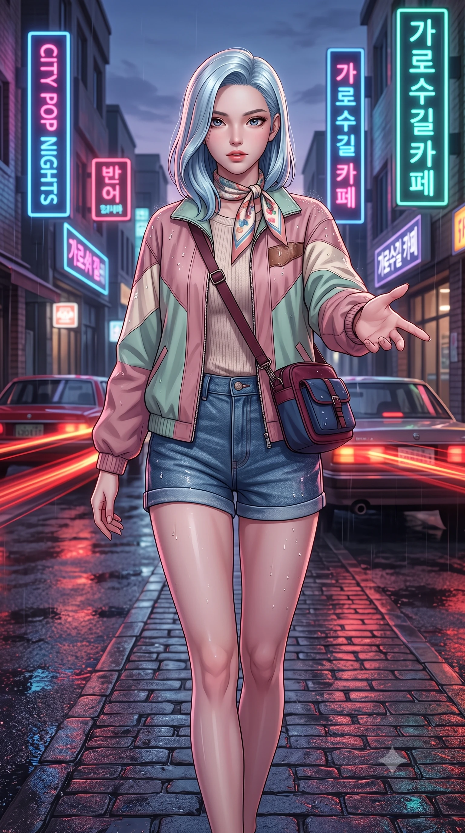 score_9, masterpiece, best quality, ultra-detailed, high-budget anime keyframe, semi-realistic 3D game render, editorial fashion photography, tasteful artistic composition, Korean woman. close-up cowboy shot from the waist and thighs up, the character dominates the composition, filling the frame with her large presence. extending one slender arm gracefully toward the foreground while casting an affectionate, mesmerizing glance while walking dynamically down the wet cobblestone street as red taillights of vintage cars leave cinematic light streaks. The surrounding environment is rendered in vivid detail and crisp panoramic clarity. crisp neon tube lettering, distinct raindrop beads on leather jacket, and wet asphalt textures in deep focus. She has an exceptionally elegant, slender, and willowy female figure with an ultra-slim waist, a gracefully sculpted slender torso, toned flat midriff, and a refined slim silhouette. sharp v-shaped jawline, high-bridge nose, intricate jewel-like eyes with depth, thick eyelashes, glossy lips with a natural sheen, captivating and magnetic expression, flawlessly proportioned anatomical accuracy, strict slender model proportions, natural body alignment, perfectly sculpted long slender limbs, ultra-slim waistline, clean dynamic posture without body distortion. wearing a retro pastel colorblock windbreaker paired with high-waisted denim shorts and a canvas crossbody bag in rich wine burgundy and faded vintage blue, made of premium heavyweight washed denim and breathable cotton poplin, complemented by a delicate silk scarf tied playfully around her neck, the liquid-tight tailored fabric emphasizing every curve of her tall, slender model proportions and sculptured silhouette during dynamic movement. surrounded by a romantic, moody, and irresistibly nostalgic 90s city-pop heroine aura. highly saturated vibrant anime colors, detailed shading with soft gradients, rich glossy textures, high-contrast stereoscopic depth, volumetric dynamic lighting, master piece, 9:16 ratio