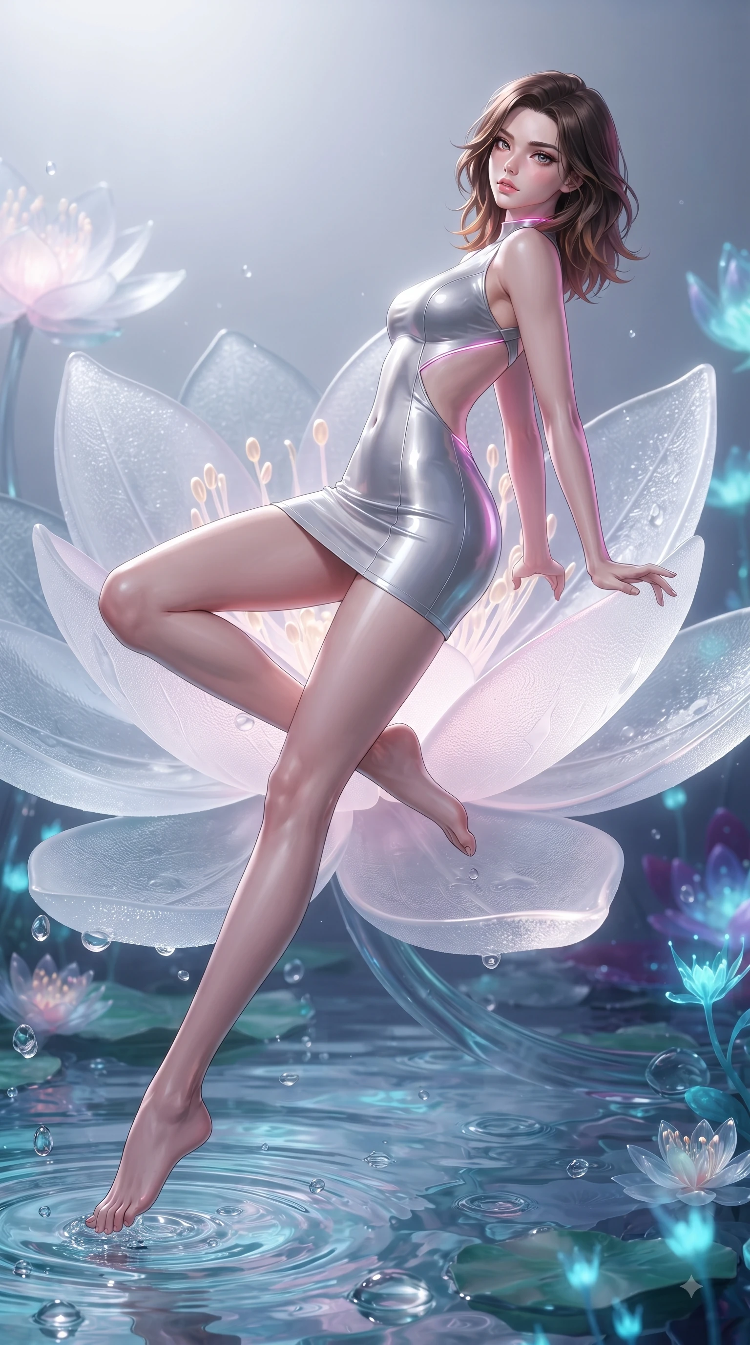 score_9, masterpiece, best quality, ultra-detailed, high-budget anime keyframe, editorial fashion photography, tasteful artistic composition, Korean woman. low angle full-body shot from head to toe showing her feet, filling the entire 9:16 vertical frame with her statuesque presence, stretching her vertical silhouette. leaping through mid-air with an athletic yet alluring arch of her spine, her impossibly long slender legs stretched in flawless poise while lounging seductively across a glowing lotus petal with her legs trailing into the clear tech-pond. The surrounding environment is rendered in vivid detail and crisp panoramic clarity. intricate frosted glass petal textures, water droplet ripples, and glowing floral stamens in deep focus. She has an absolutely perfect, statuesque 8.5-heads proportion, an exceptionally tall and slender model-like female figure with impossibly long slender legs and an ultra-slim waist. sharp v-shaped jawline, high-bridge nose, intricate jewel-like eyes with depth, thick eyelashes, glossy lips with a natural sheen, flawlessly proportioned anatomical accuracy, natural body alignment, perfectly sculpted elegant limbs, clean dynamic posture without body distortion. wearing a second-skin fashion-latex mini dress with a clean architectural front, featuring an open-back design that wraps around the sides of her waist, showcasing her slender silhouette in chromatic platinum and blazing neon magenta, formed from high-gloss patent material with specular light reflections, complemented by criss-cross back straps highlighting her completely bare spine, the glove-like fit tightly following every curve of her statuesque athletic build. illuminated by soft glowing white ambient lights and sharp pink side key lights tracing her neck and waist. ultra-reflective glossy finish, specular highlights, metallic sheen, high-contrast stereoscopic depth, volumetric dynamic lighting, 2k, ultra detail, master piece, 9:16 ratio
