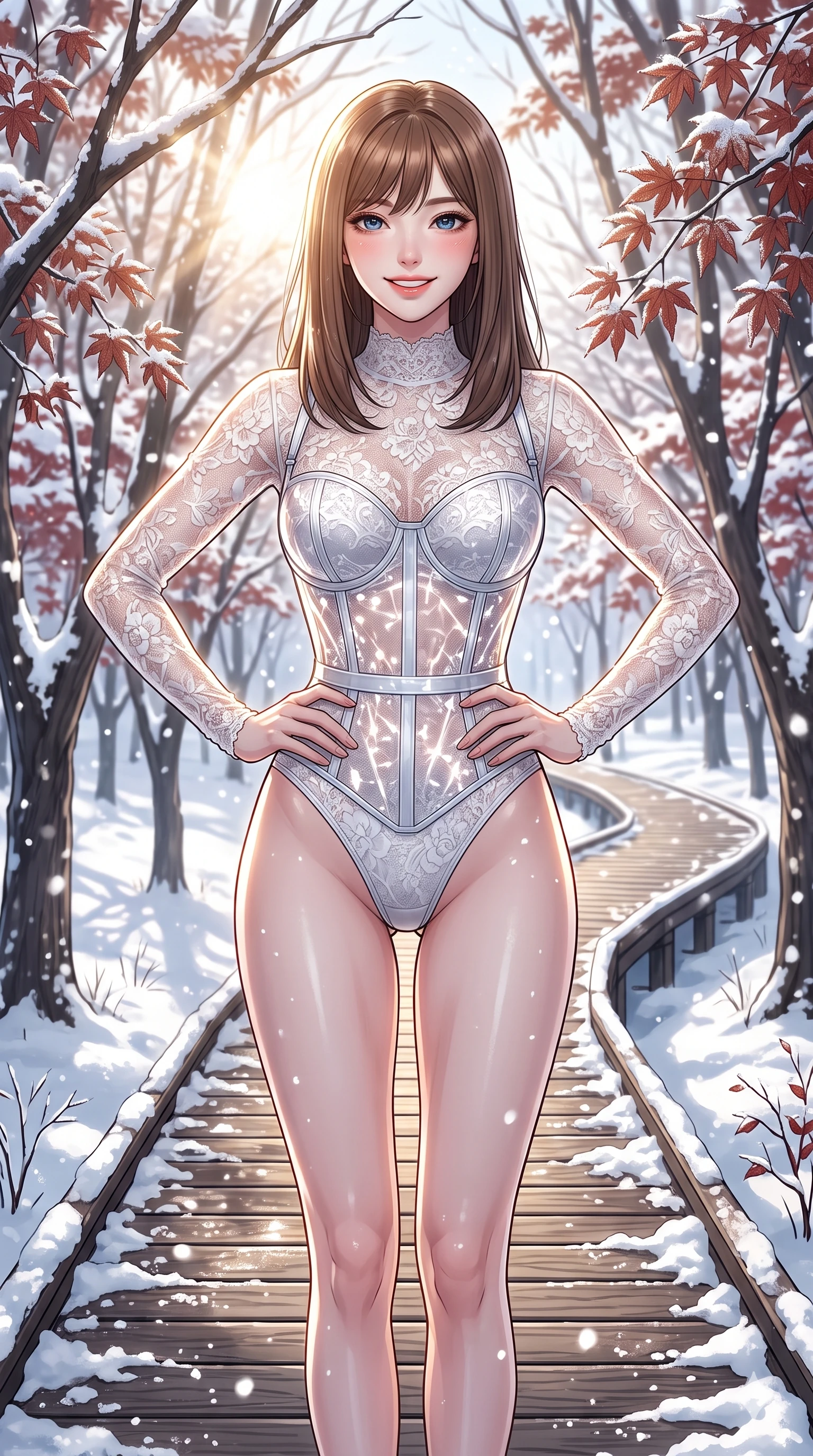 score_9, masterpiece, best quality, ultra-detailed, high-budget anime keyframe, vibrant anime aesthetic, Korean woman. cowboy shot from the thighs up, character and outfit filling the frame for maximum presence. She is posing with a radiant, confident winter smile, resting both hands on her hips on a wooden boardwalk winding through maples in winter (Code-P21-197). She has an absolutely perfect 8-heads proportion, an exceptionally tall and slender female figure with impossibly long slender legs and an ultra-slim waist. V-shaped jawline, high-bridge nose, intricate jewel-like eyes with depth, thick eyelashes, glossy lips with a natural sheen. wearing a transparent PVC corset over a white lace bodysuit in winter. She is drenched in bright, high-contrast winter sunbeams outlining her athletic silhouette in the snow. 2k, ultra detail, master piece, 9:16 ratio