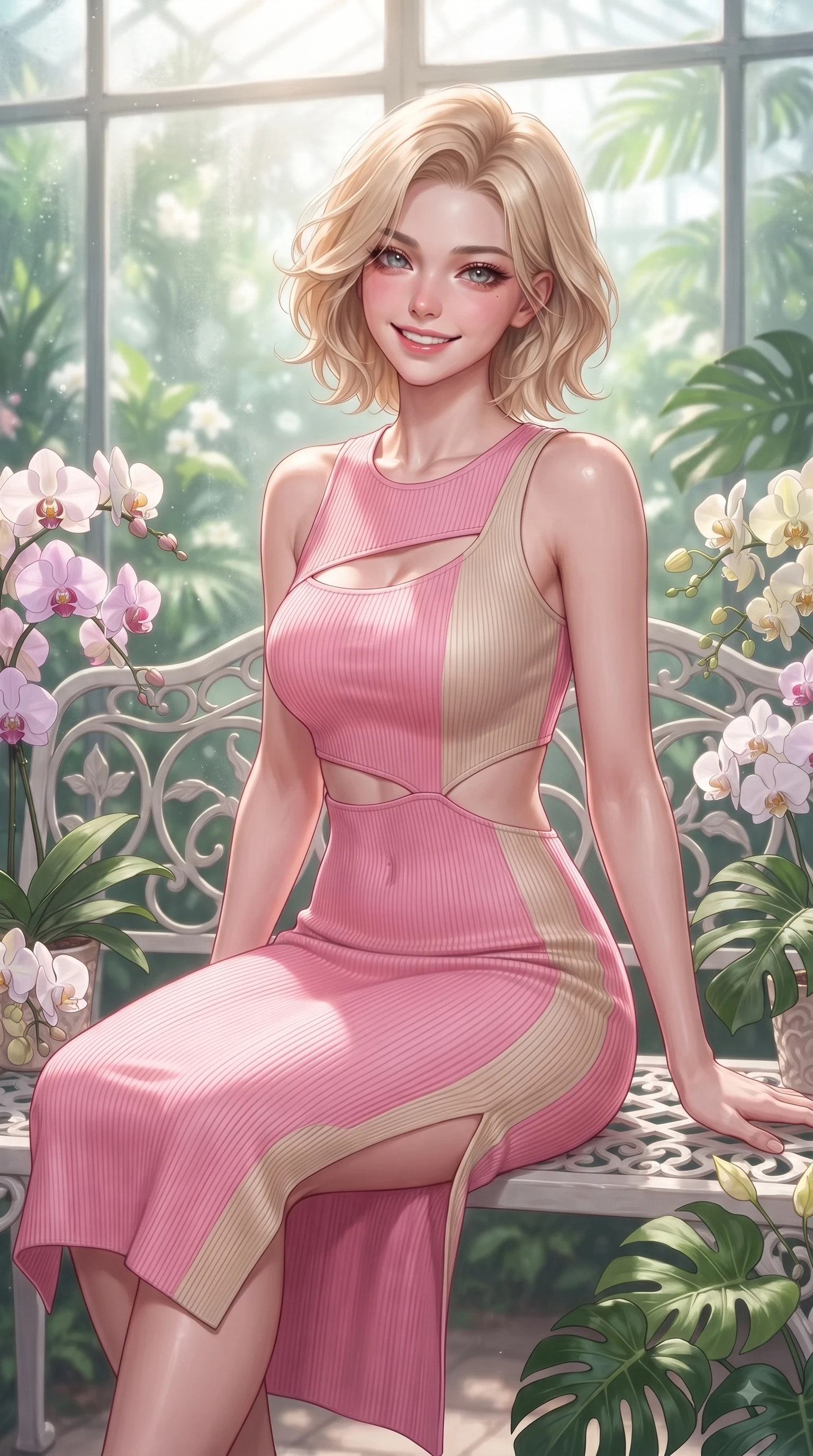 score_9, masterpiece, best quality, ultra-detailed, high-budget anime keyframe, editorial fashion photography, tasteful artistic composition, Caucasian woman. close-up cowboy shot from the waist and thighs up, the character dominates the composition, filling the frame with her large presence. Radiant youthful grin reflecting girlhood charm while casting a playful, joyful side-gaze with heavy lashes while sitting on a white iron garden bench surrounded by blooming orchids and Monstera leaves. The composition keeps background elements in soft focus with dreamy bokeh. tropical plant foliage and misty glass panes blurred into a dreamy emerald background bokeh. She has an exceptionally elegant, slender, and willowy female figure with an ultra-slim waist, a gracefully sculpted slender torso, and a refined silhouette. sharp v-shaped jawline, high-bridge nose, intricate jewel-like eyes with depth, thick eyelashes, glossy lips with a natural sheen, flawlessly proportioned anatomical accuracy, natural body alignment, perfectly sculpted elegant limbs, clean dynamic posture without body distortion. wearing a form-fitting ribbed knit midi dress with a tasteful side leg slit in bright cherry blossom pink and champagne, crafted from lightweight fluid chiffon, complemented by clean architectural cutouts along her slender torso, the elegant draped fit framing her graceful clavicle and slender torso. surrounded by a peaceful, sun-drenched, and healing greenhouse atmosphere. ultra-reflective glossy finish, specular highlights, metallic sheen, high-contrast stereoscopic depth, volumetric dynamic lighting, 2k, ultra detail, master piece, 9:16 ratio