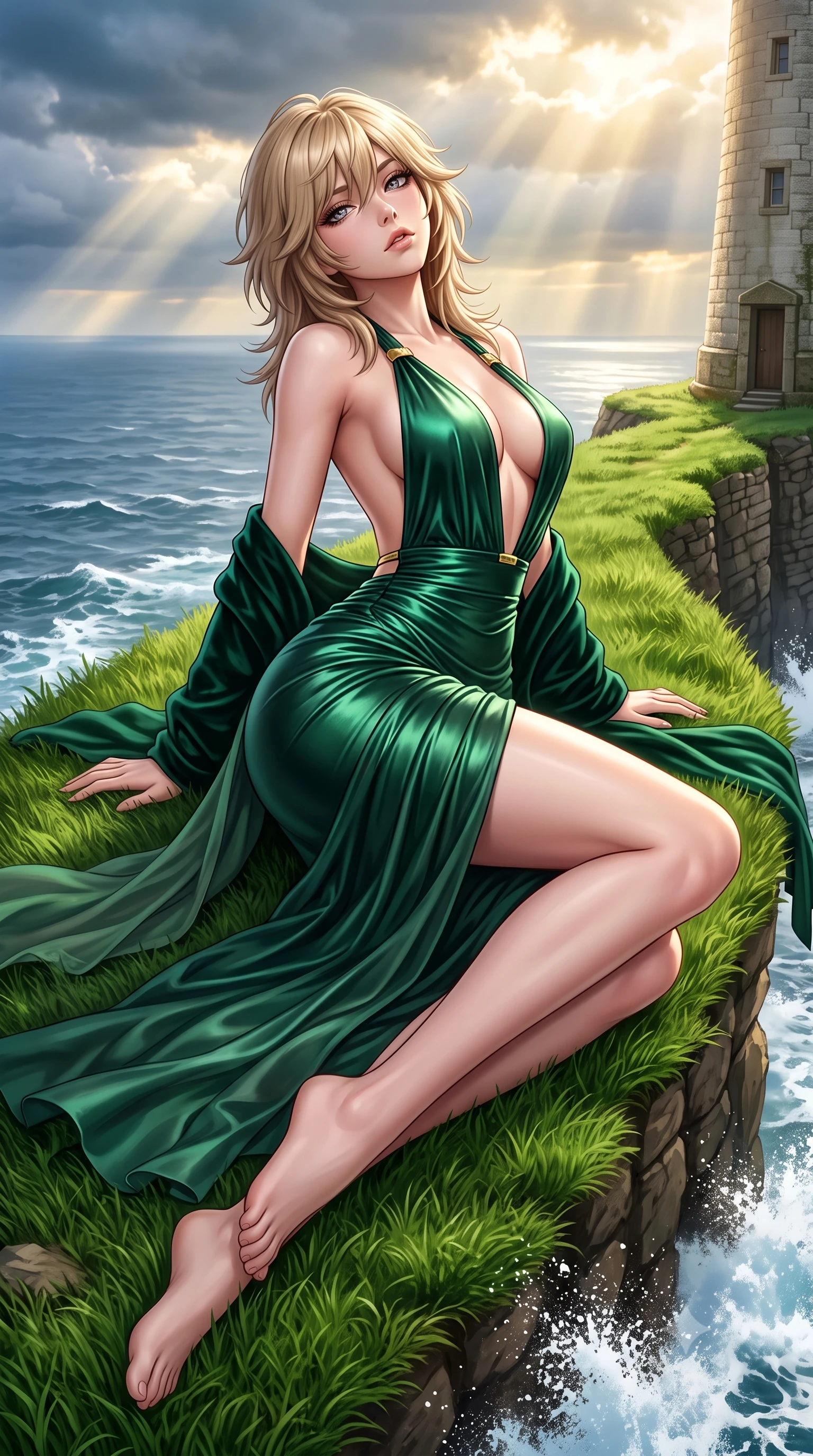 score_9, masterpiece, best quality, ultra-detailed, high-budget anime keyframe, semi-realistic 3D game render, editorial fashion photography, tasteful artistic composition, Japanese woman. low angle full-body shot from head to toe showing her feet, filling the entire 9:16 vertical frame with her statuesque presence, stretching her vertical silhouette. reclining on her side in an elegant Cleopatra pose with one knee drawn up, the dramatic contour of her rounded hips and long slender legs commanding the 9:16 vertical frame while standing on the narrow emerald ridge high above the North Atlantic, arching her back as dramatic Nordic storm clouds break into golden sunbeams. The surrounding environment is rendered in vivid detail and crisp panoramic clarity. sharp wind-swept turf textures, weathered lighthouse stone seams, and crashing sea foam spray in deep focus. She has an exceptionally tall and slender model-like 8.5-heads proportion, an ultra-slim waist, a flat toned midriff, narrow delicate ribcage, and beautifully sculpted feminine hips creating a graceful, slim hourglass silhouette without any bulky heaviness, with impossibly long slender legs. sharp v-shaped jawline, high-bridge nose, intricate jewel-like eyes with depth, thick eyelashes, glossy parted lips with a natural sheen, intensely captivating and seductive bedroom-eyes expression, flawlessly proportioned anatomical accuracy, strict slender model proportions, natural body alignment, perfectly sculpted long slender limbs, ultra-slim waistline, clean dynamic posture without body distortion. wearing a plunging halter-neck metallic lamé column dress with a dramatic bare spine and hip-defining ruching in deep emerald green satin and gold hardware, woven from layered gossamer chiffon with a weightless sweeping drape, complemented by a plush velvet shawl draped loosely over her elbows, the second-skin form-contouring cut accentuating her sculpted flat midriff, narrow delicate ribcage, and gracefully curvy hips with supermodel precision. illuminated by crisp oceanic ambient light contouring her razor-sharp jawline, narrow waist, and curvy hips. highly saturated vibrant anime colors, detailed shading with soft gradients, rich glossy textures, high-contrast stereoscopic depth, volumetric dynamic lighting, master piece, 9:16 ratio