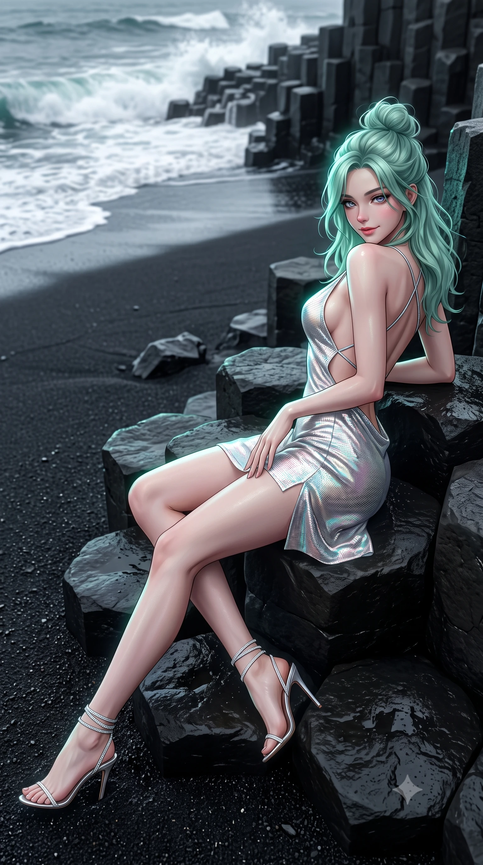 score_9, masterpiece, best quality, ultra-detailed, high-budget anime keyframe, editorial fashion photography, tasteful artistic composition, Japanese woman. close-up cowboy shot from the waist and thighs up, the character dominates the composition, filling the frame with her large presence. tilting her head with a teasing half-smile, running one hand slowly down the side of her hip in a flirtatious S-curve as ambient light caresses her silhouette while reclining gracefully on the smooth basalt rock steps propped on one elbow with legs extended, displaying her long slender limbs and statuesque hourglass silhouette. The surrounding environment is rendered in vivid detail and crisp panoramic clarity: sharp hexagonal basalt prism edges, fine jet-black volcanic basalt sand granules, and foaming white wave foam crests in deep focus. She has an exceptionally elegant, slender, and willowy female figure with an ultra-slim waist, flat toned midriff, narrow ribcage, and sculpted feminine hips creating an alluring, slim hourglass silhouette without bulk. sharp v-shaped jawline, high-bridge nose, intricate jewel-like sparkling eyes with depth, thick eyelashes, glossy parted lips with a natural peach sheen, bright cheerful beaming smile with an enchanting and coquettish sensual glint, exuding both youthful cute charm and seductive allure, flawlessly proportioned anatomical accuracy, strict slender model proportions, natural body alignment, perfectly sculpted long slender limbs, ultra-slim waistline, clean dynamic posture without body distortion. wearing a backless liquid lamé mini dress with criss-cross spinal straps and daring side slit in liquid molten silver and iridescent mother-of-pearl, crafted from stretch micro-mesh with liquid foil coating that shimmers with every movement, complemented by strappy stiletto sandals with crystal ankle wraps accentuating her slender calves, the impeccably tailored cut draping gracefully along her slender figure with aristocratic poise. illuminated by wet black sand reflection sheen and sharp emerald-platinum rim lights defining her dewy collarbones, ultra-slim waist, and curvy hips. ultra-reflective glossy finish, specular highlights, rich textural contrasts, high-contrast stereoscopic depth, volumetric dynamic lighting, 2k, ultra detail, master piece, 9:16 ratio