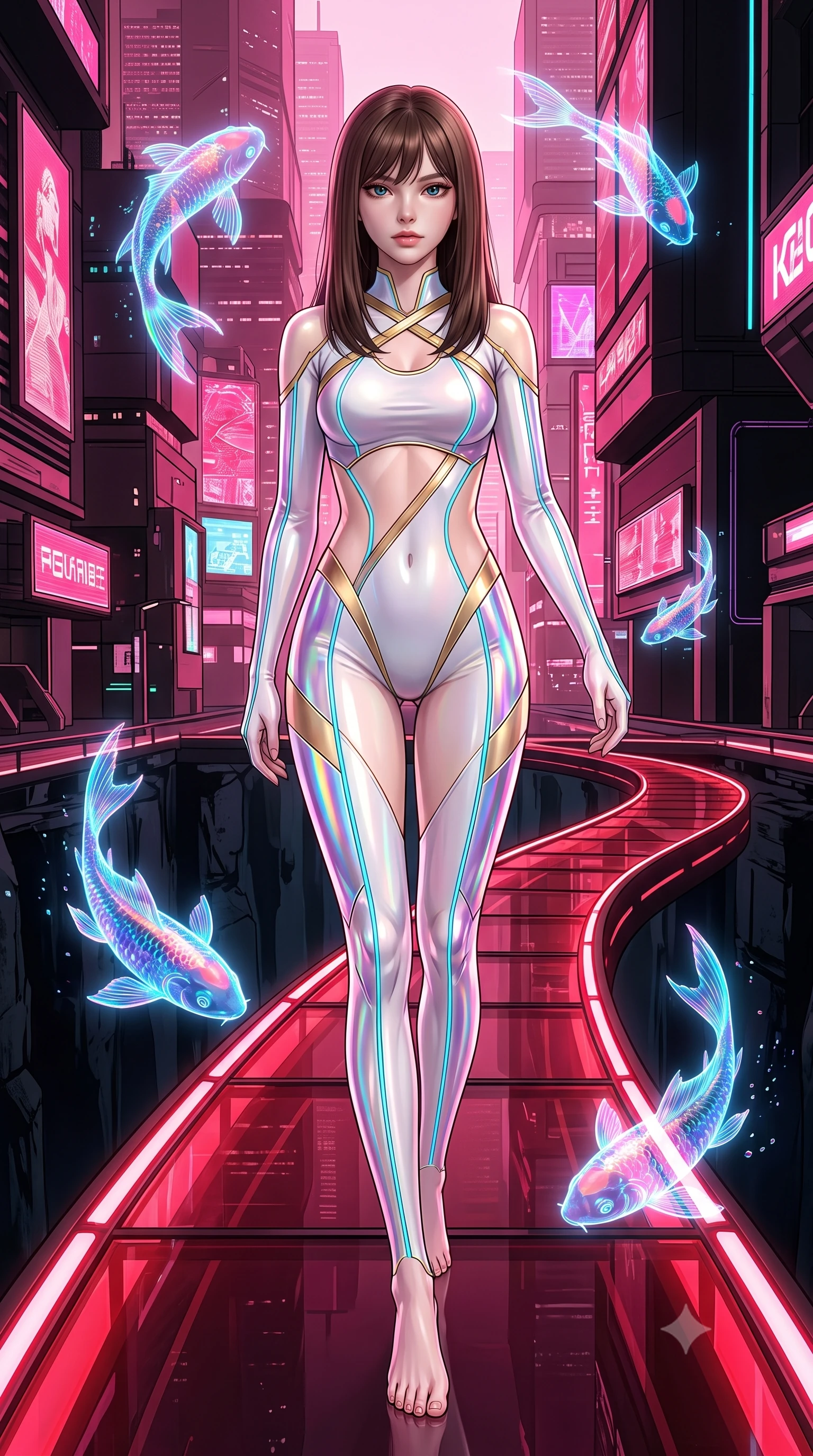 score_9, masterpiece, best quality, ultra-detailed, high-budget anime keyframe, semi-realistic 3D game render, editorial fashion photography, tasteful artistic composition, Korean woman. low angle full-body shot from head to toe showing her feet, filling the entire 9:16 vertical frame with her statuesque presence, stretching her vertical silhouette. striding forward with commanding supermodel grace, her 8.5-heads statuesque silhouette dominating the vertical frame from head to toe while stepping along a curved crimson glass bridge as holographic koi swim through the air around her slender silhouette. The surrounding environment is rendered in vivid detail and crisp panoramic clarity. vibrant contrast between rich digital pinks, obsidian black surfaces, and neon light in panoramic sharpness. She has an absolutely perfect, statuesque 8.5-heads proportion, an exceptionally tall and slender model-like female figure with impossibly long slender legs, a toned flat midriff, and an ultra-slim waist. sharp v-shaped jawline, high-bridge nose, intricate jewel-like eyes with depth, thick eyelashes, glossy lips with a natural sheen, flawlessly proportioned anatomical accuracy, strict slender model proportions, natural body alignment, perfectly sculpted long slender limbs, ultra-slim waistline, clean dynamic posture without body distortion. wearing a second-skin white-and-gold high-fashion tech-bodysuit with diagonal midriff cutouts and glowing cyan fiber seams in iridescent holographic chrome with prism violet highlights, crafted from ultra-reflective second-skin liquid metal with a mirror-like polish, complemented by criss-cross back straps highlighting her completely bare spine, the glove-like aerodynamic second-skin fit tightly clinging to her ultra-slender waist and athletic curves without adding bulk, accentuating her razor-sharp statuesque lines and slim hourglass silhouette. surrounded by an exotic, romantic, and breathtakingly stylish cyber-goddess aura. rich saturated anime colors with glowing neon highlights, detailed shading with soft gradients, rich glossy textures, high-contrast stereoscopic depth, volumetric dynamic lighting, master piece, 9:16 ratio
