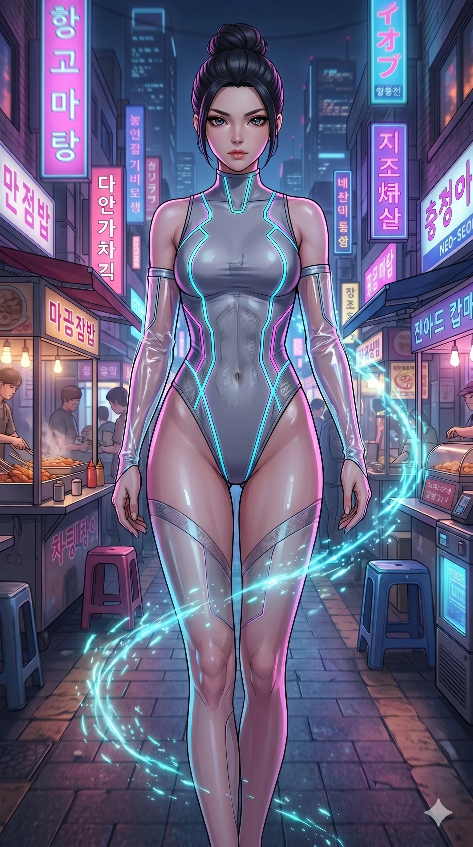 score_9, masterpiece, best quality, ultra-detailed, Set A: High-budget Anime Keyframe, Japanese woman. Upper body close-up from the thighs up, character filling the screen for maximum presence. Walking gracefully through a neon-lit Neo-Seoul market, with a look of intense determination reflecting the fires of 207 and surrounded by glowing energy sparks. She has an absolutely perfect 8-heads proportion, an exceptionally tall and slender female figure with impossibly long slender legs and an ultra-slim waist. Sharp v-shaped jawline, high-bridge nose, intricate jewel-like eyes with depth, thick eyelashes, glossy lips with a natural sheen. Wearing High-cut tech-bodysuit with holographic neon seams and translucent PVC detached sleeves. Cinematic lighting, vibrant colors, dramatic shadows, 2k, ultra detail, master piece, 9:16 ratio