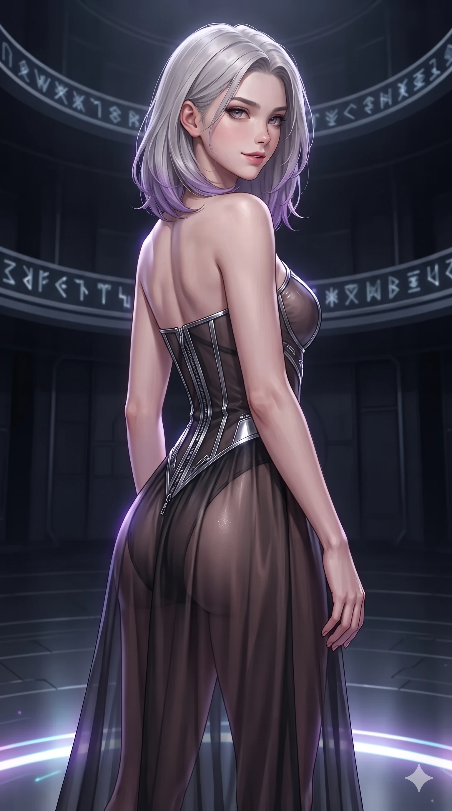 score_9, masterpiece, best quality, ultra-detailed, high-budget anime keyframe, editorial fashion photography, tasteful artistic composition, Caucasian woman. close-up cowboy shot from the waist and thighs up, the character dominates the composition, filling the frame with her large presence. posing in an alluring rear three-quarter angle, turning over a bare shoulder with an intoxicating, smoldering gaze while walking slowly into the center of the revolving runic projection with hypnotic grace, hips swaying in an alluring sensual rhythm. The surrounding environment is rendered in vivid detail and crisp panoramic clarity: detailed gothic velvet bodice gown drape, silver zipper teeth, and cybernetic rune details in razor-sharp precision. She has an exceptionally elegant, slender, and willowy female figure with an ultra-slim waist, flat toned midriff, narrow ribcage, and sculpted feminine hips creating an alluring, slim hourglass silhouette without bulk. sharp v-shaped jawline, high-bridge nose, intricate jewel-like dark sparkling eyes with hypnotic seductive depth, thick curled eyelashes, glossy parted lips with a natural wine sheen, alluring bedroom-eyes with an enigmatic smoldering smile, exuding magnetic sovereign charisma and dark avant-garde glamour, flawlessly proportioned anatomical accuracy, strict slender model proportions, natural body alignment, perfectly sculpted long slender limbs, ultra-slim waistline, clean dynamic posture without body distortion. wearing a semi-opaque sheer dark chiffon gown revealing a structured bodice silhouette in metallic liquid silver and pitch black, made of fluid liquid jersey with seamless sculpting hold and smooth contours, finished with metallic silver boning and sleek zipper points, contouring every curve with an exceptionally elegant silhouette and captivating allure. illuminated by holographic ground circle upward bounce and sharp electric-violet rim lights sculpting her razor-sharp jawline, narrow waist, and curvy hips. ultra-reflective glossy finish, specular highlights, metallic sheen, high-contrast stereoscopic depth, volumetric dynamic lighting, 2k, ultra detail, master piece, 9:16 ratio