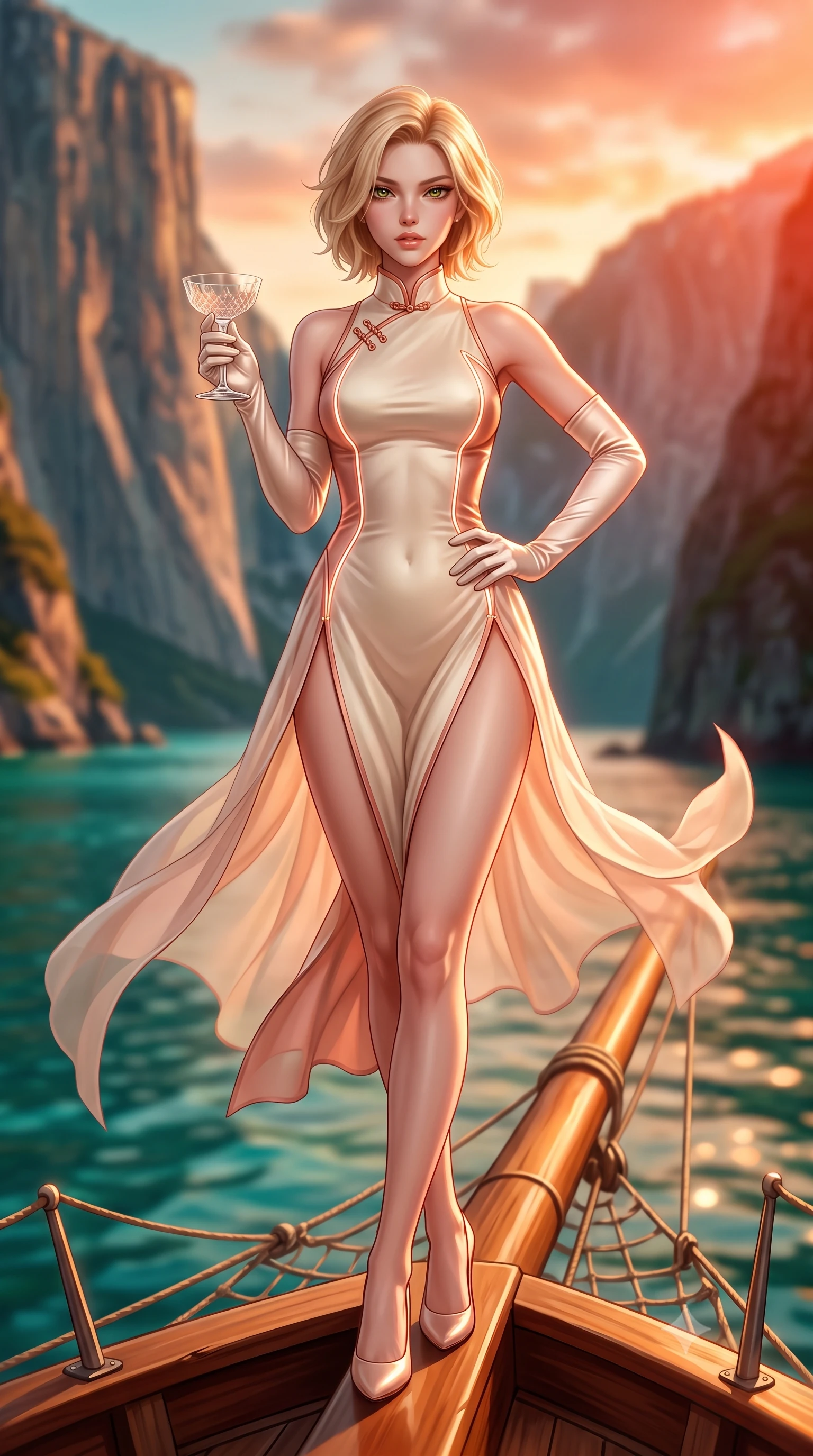 score_9, masterpiece, best quality, ultra-detailed, high-budget anime keyframe, semi-realistic 3D game render, editorial fashion photography, tasteful artistic composition, Caucasian woman. low angle full-body shot from head to toe showing her feet, filling the entire 9:16 vertical frame with her statuesque presence, stretching her vertical silhouette. sitting perched on the elevated edge with hips angled toward the camera and legs crossed, displaying her toned midriff and flawlessly sculpted slender limbs while standing poised on the bowsprit deck with night winds billowing her sheer silk wrap, long slender legs and narrow waist commanded by cliffs. The composition keeps background elements in soft focus with creamy bokeh. towering jagged fjord cliff faces and crystalline emerald sea waters blurred into warm ochre, turquoise, and bronze bokeh. She has an exceptionally tall and slender model-like 8.5-heads proportion, an ultra-slim waist, a flat toned midriff, narrow delicate ribcage, and beautifully sculpted feminine hips creating a graceful, slim hourglass silhouette without any bulky heaviness, with impossibly long slender legs. sharp v-shaped jawline, high-bridge nose, intricate jewel-like eyes with depth, thick eyelashes, glossy parted lips with a natural sheen, intensely captivating and seductive bedroom-eyes expression, flawlessly proportioned anatomical accuracy, strict slender model proportions, natural body alignment, perfectly sculpted long slender limbs, ultra-slim waistline, clean dynamic posture without body distortion. wearing a modernized cyber-qipao mini dress with an ultra-high side slit ascending to the hip and glowing piping in vintage champagne ivory and delicate rose gold, woven from layered gossamer chiffon with a weightless sweeping drape, accessorized with opera-length satin gloves and a vintage crystal glass, the second-skin form-contouring cut accentuating her sculpted flat midriff, narrow delicate ribcage, and gracefully curvy hips with supermodel precision. bathed in blazing crimson and copper sunset backlighting and warm water surface bounce fill. highly saturated vibrant anime colors, detailed shading with soft gradients, rich glossy textures, high-contrast stereoscopic depth, volumetric dynamic lighting, master piece, 9:16 ratio