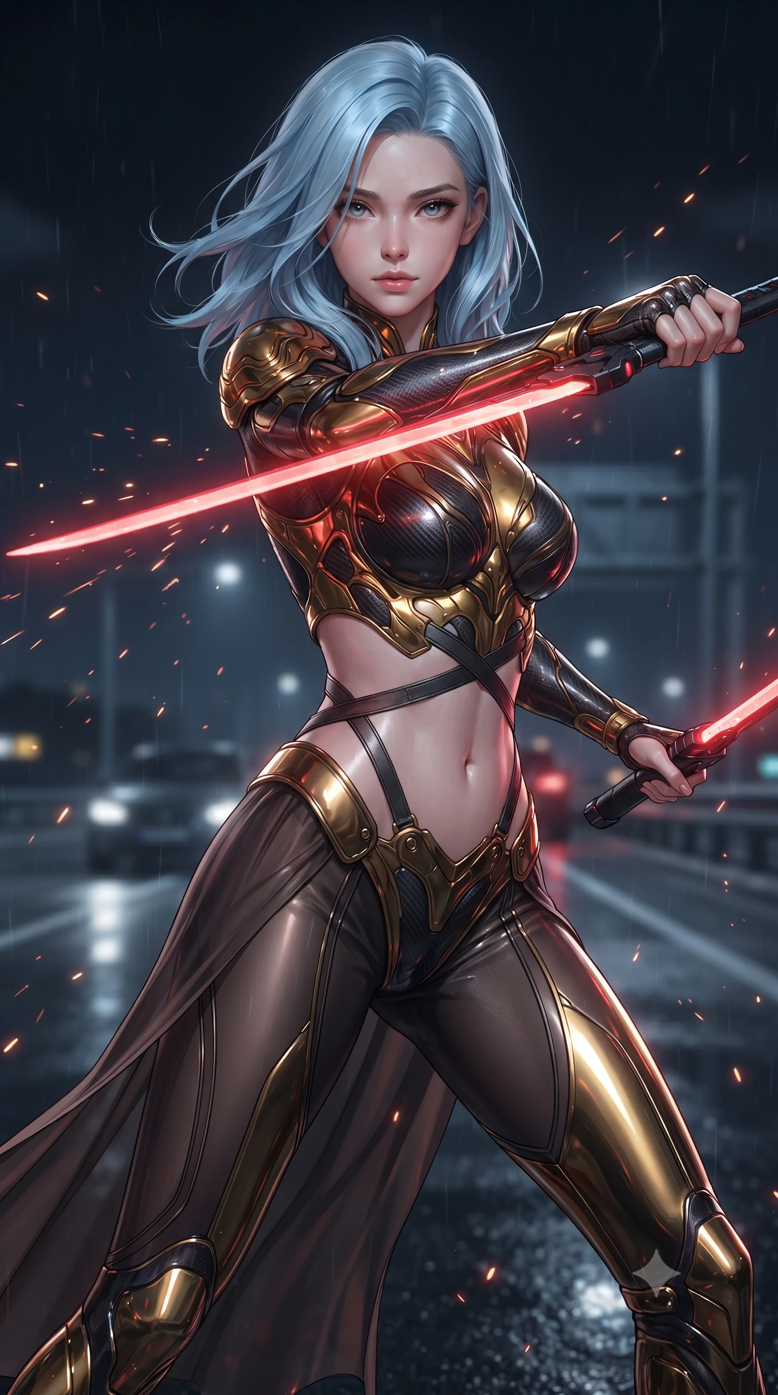 score_9, masterpiece, best quality, ultra-detailed, high-budget anime keyframe, editorial fashion photography, tasteful artistic composition, Korean woman. close-up cowboy shot from the waist and thighs up, the character dominates the composition, filling the frame with her large presence. gazing forward with divine sovereign poise, captivating jewel-like eyes shining with transcendent focus while holding her weapon with effortless mastery while pivoting dynamically in mid-stride with twin glowing crimson high-frequency vibro-blades drawn in a deadly X-stance. The composition keeps background elements in soft focus with creamy bokeh. sparks from vibro-blades scattering radiant light motes across a dark nocturnal highway backdrop. She has an exceptionally elegant, slender, and willowy female figure with an ultra-slim waist, a gracefully sculpted slender torso, toned flat midriff, and a refined slim silhouette. sharp v-shaped jawline, high-bridge nose, intricate jewel-like eyes with depth, thick eyelashes, glossy lips with a natural sheen, flawlessly proportioned anatomical accuracy, strict slender model proportions, natural body alignment, perfectly sculpted long slender limbs, ultra-slim waistline, clean dynamic posture without body distortion. wearing a sculpted molten-gold and dark carbon cuirass paired with high-mobility combat leggings and sheer side drapes, wielding a glowing plasma energy scythe with fluid grace in matte obsidian carbon black with electric cyan conduits, made of liquid carbon-jersey fabric adhering flawlessly to her sculpted silhouette, complemented by criss-cross back harness straps highlighting her completely bare spine, the glove-like aerodynamic second-skin fit tightly clinging to her ultra-slender waist and athletic curves without adding bulk, accentuating her razor-sharp statuesque lines and slim hourglass silhouette. illuminated by sharp specular highlights tracing her ultra-slim waist, long legs, and sculpted armor plates. ultra-reflective glossy finish, specular highlights, dark metallic sheen, high-contrast stereoscopic depth, volumetric dynamic lighting, 2k, ultra detail, master piece, 9:16 ratio